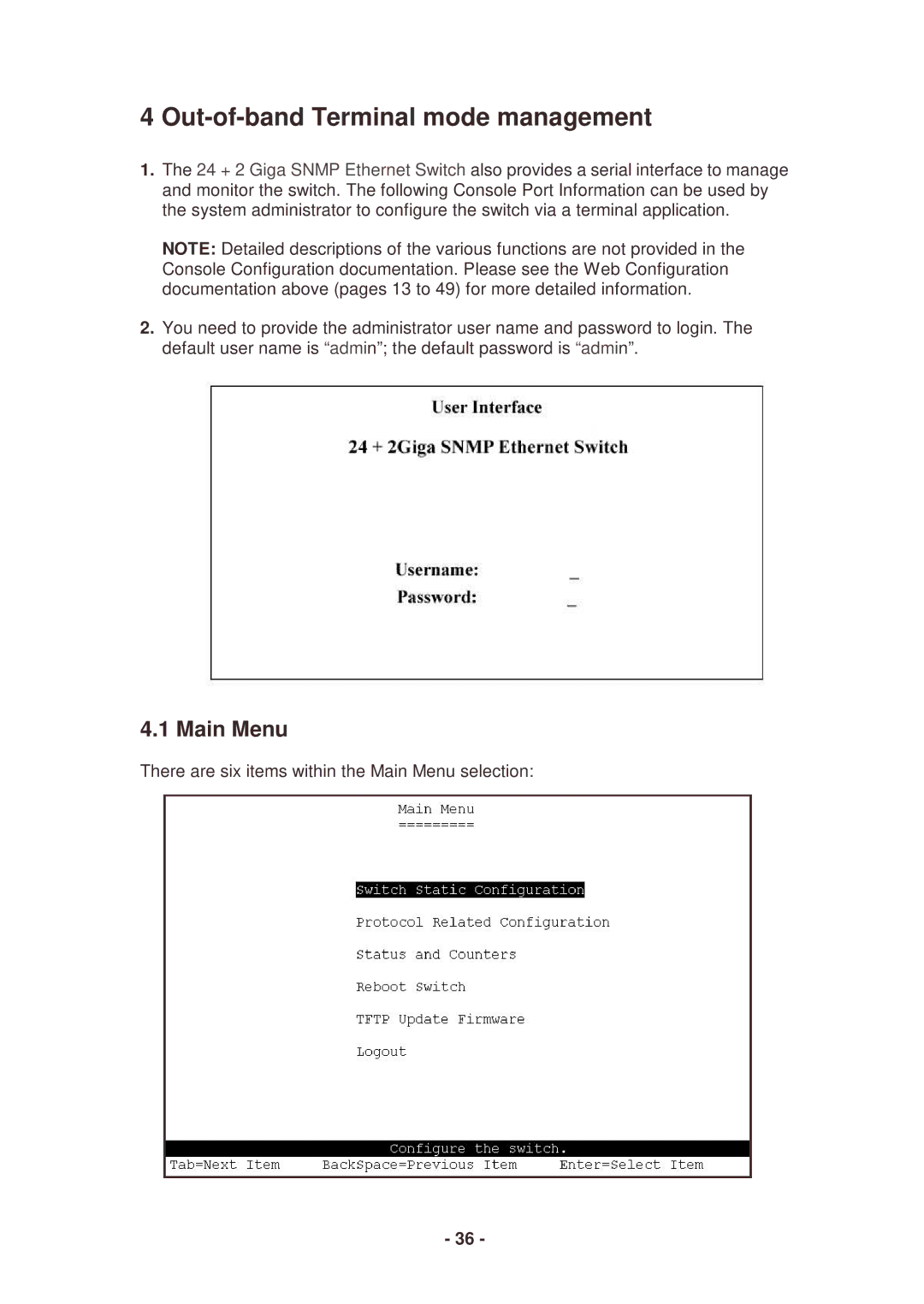 Lindy 25030 user manual Out-of-band Terminal mode management, Main Menu 