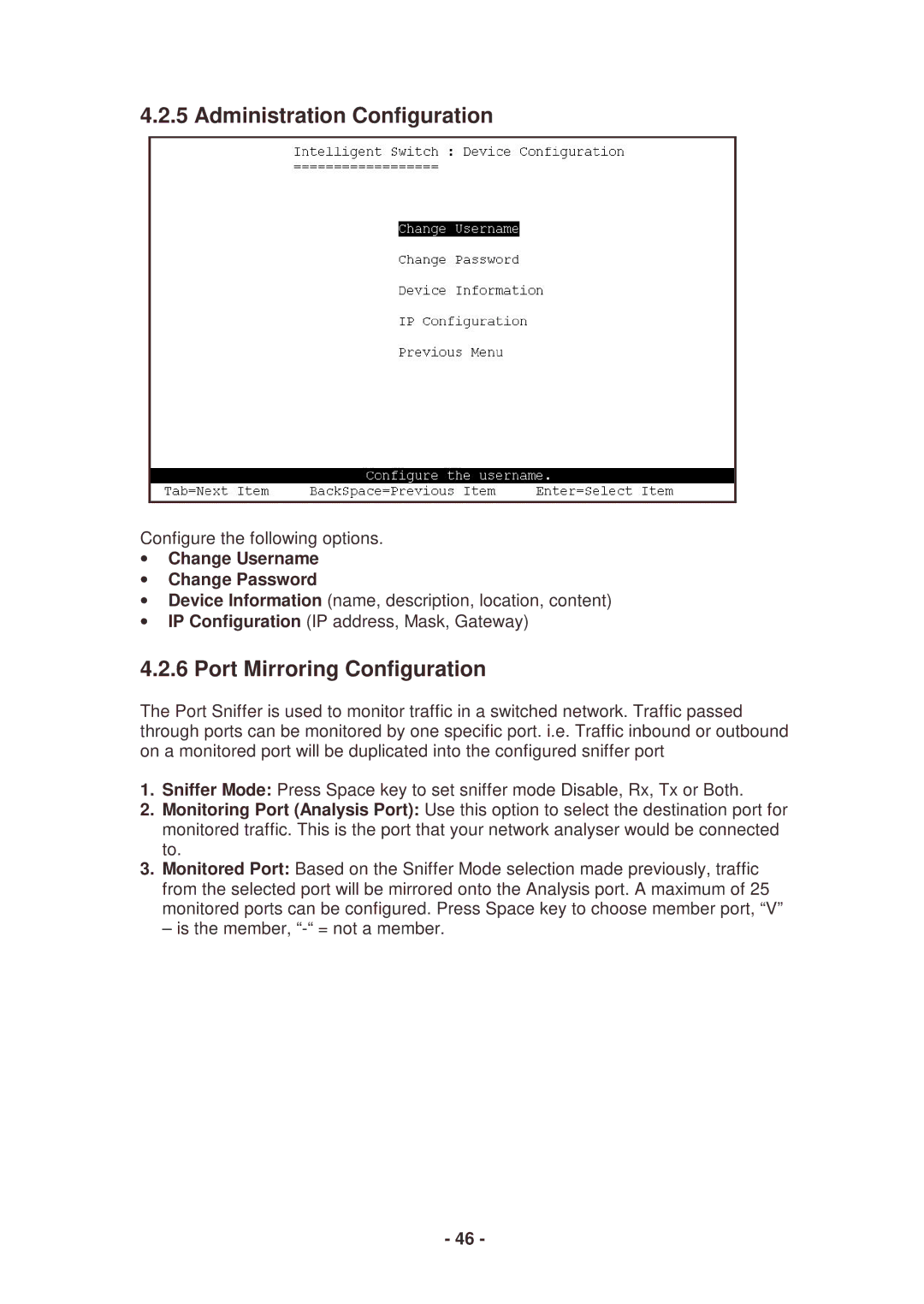 Lindy 25030 user manual Administration Configuration, Port Mirroring Configuration, Change Username Change Password 