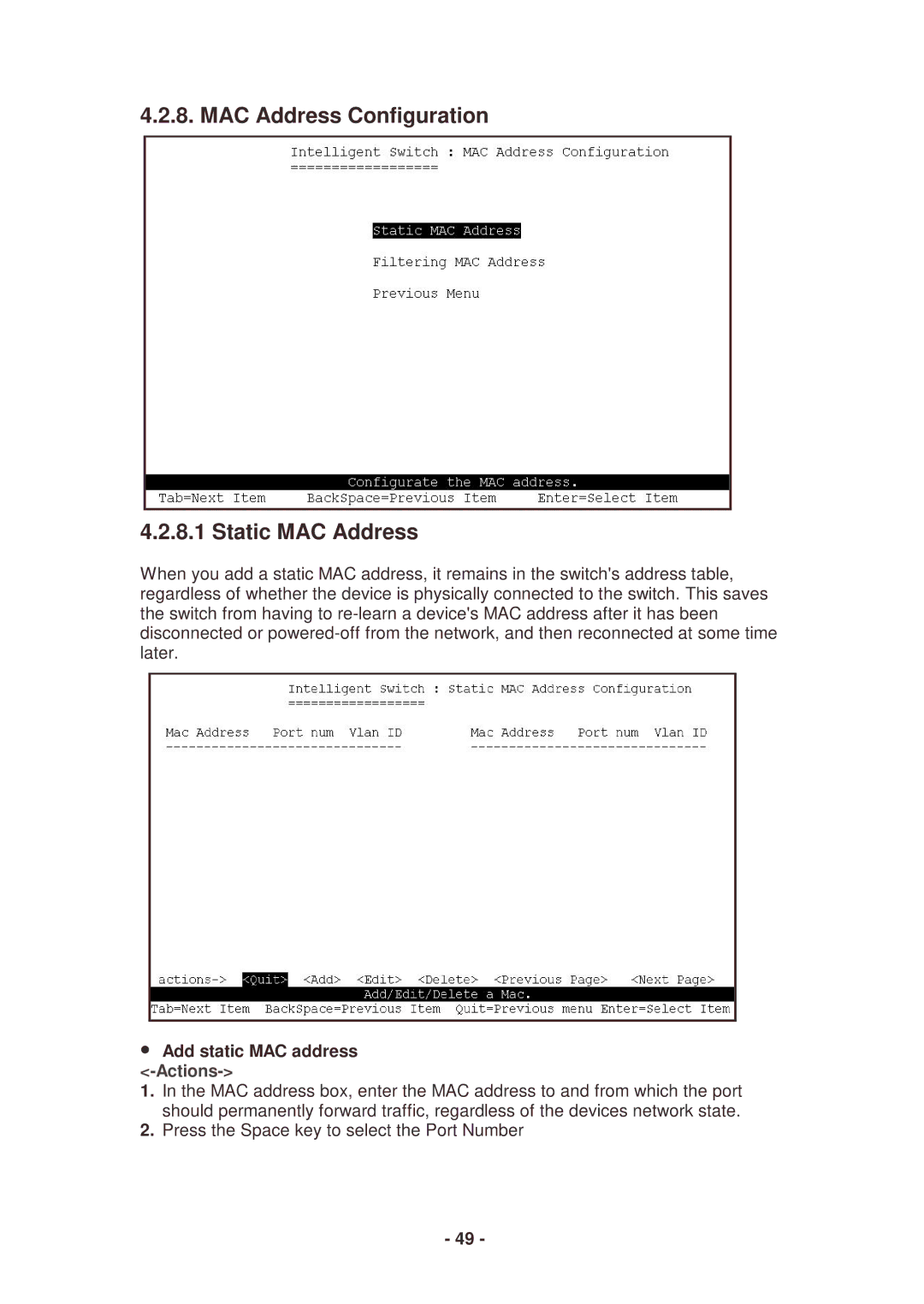 Lindy 25030 user manual MAC Address Configuration Static MAC Address, Add static MAC address -Actions 