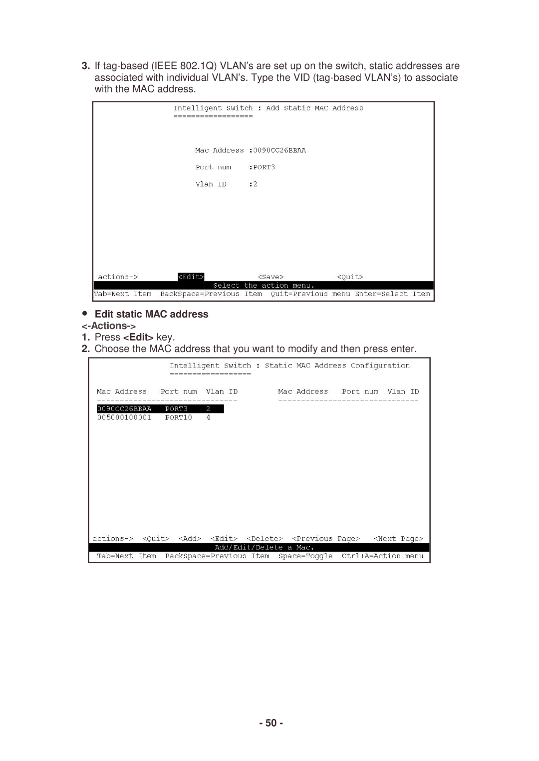 Lindy 25030 user manual Edit static MAC address -Actions Press Edit key 