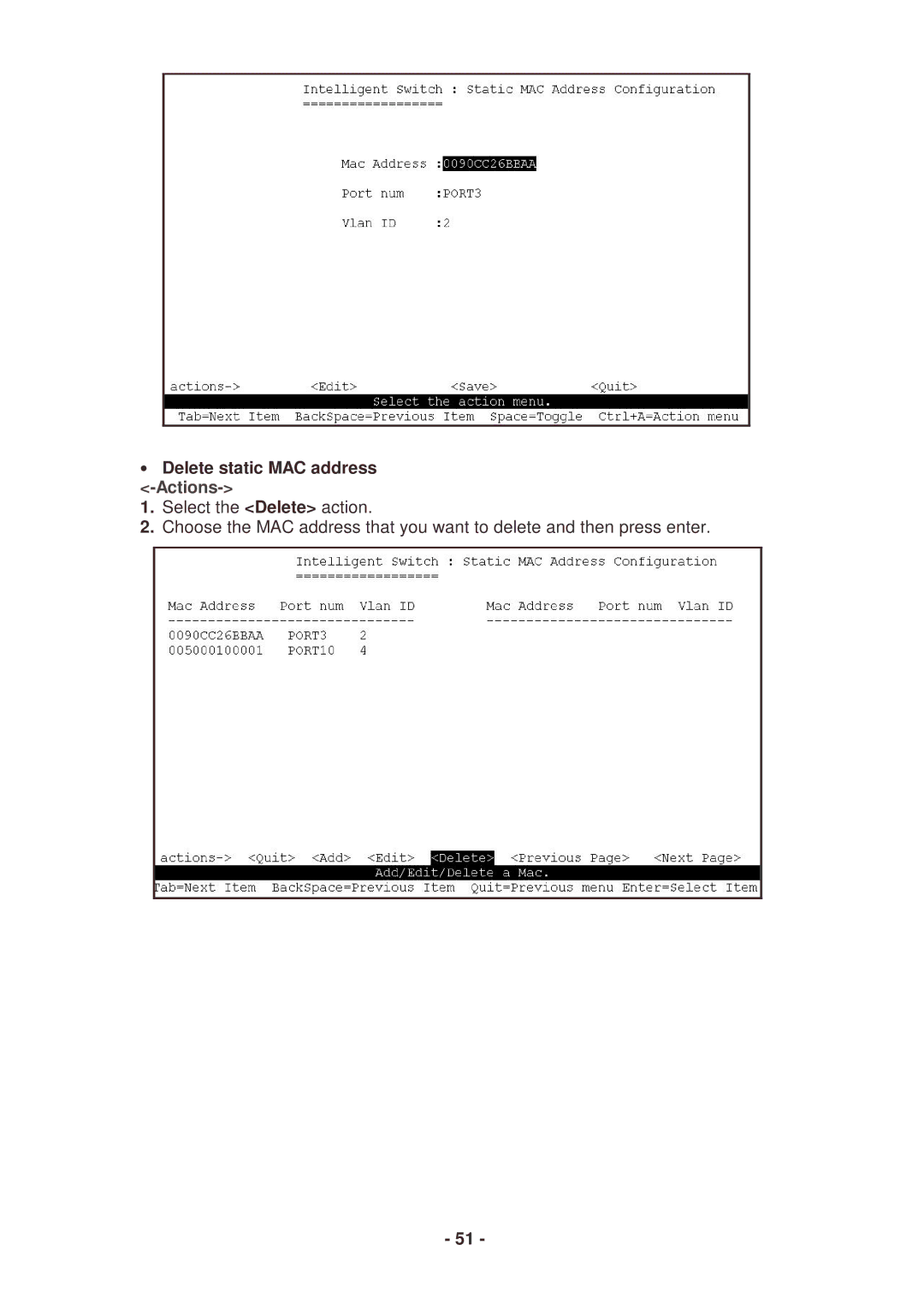 Lindy 25030 user manual Delete static MAC address -Actions 