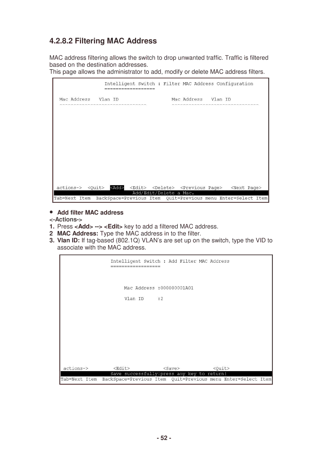 Lindy 25030 user manual Filtering MAC Address, Add filter MAC address -Actions 