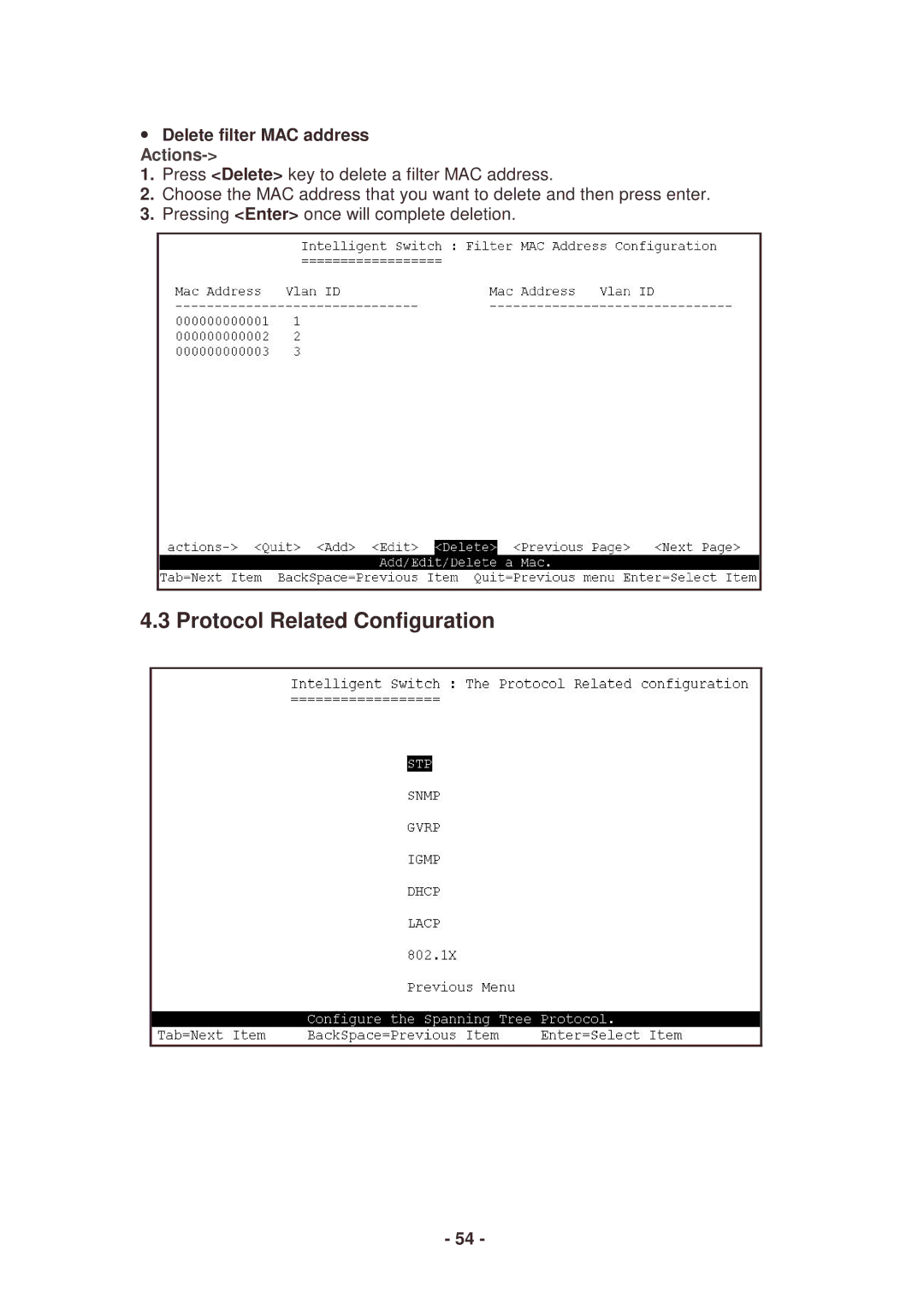 Lindy 25030 user manual Protocol Related Configuration, Delete filter MAC address Actions 