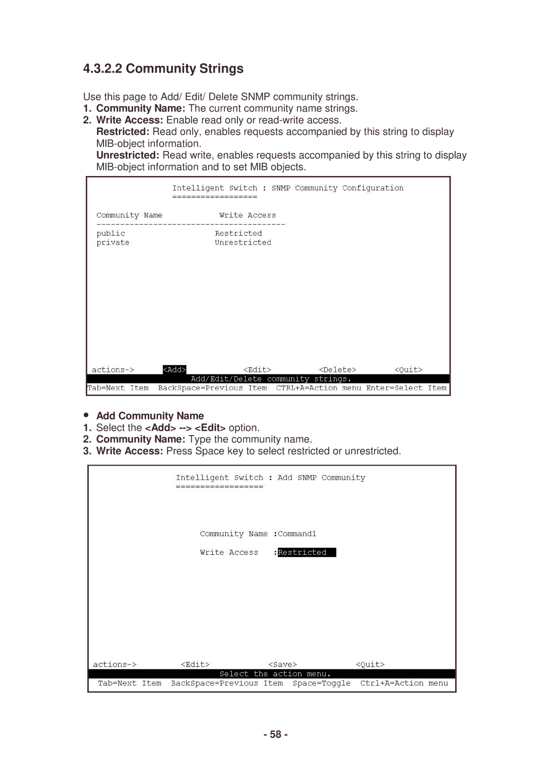 Lindy 25030 user manual Community Strings, Add Community Name 