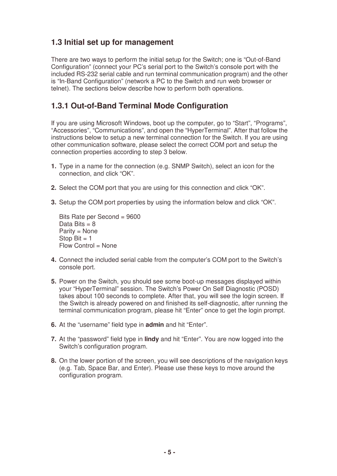 Lindy 25030 user manual Initial set up for management, Out-of-Band Terminal Mode Configuration 