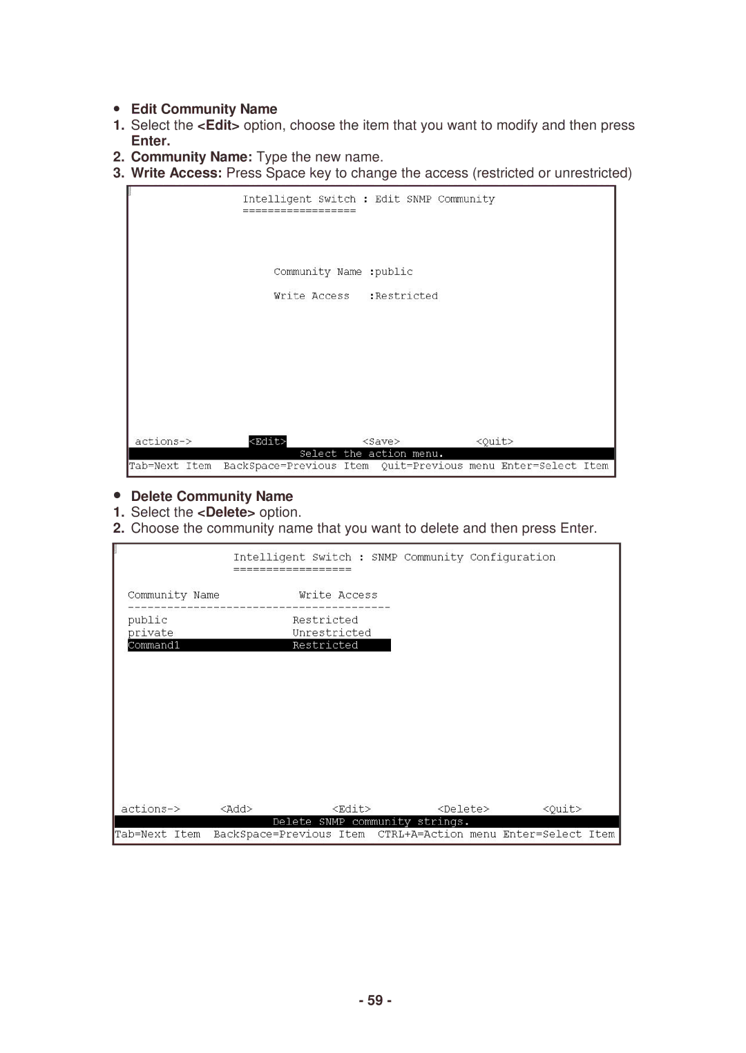 Lindy 25030 user manual Edit Community Name, Enter, Delete Community Name 