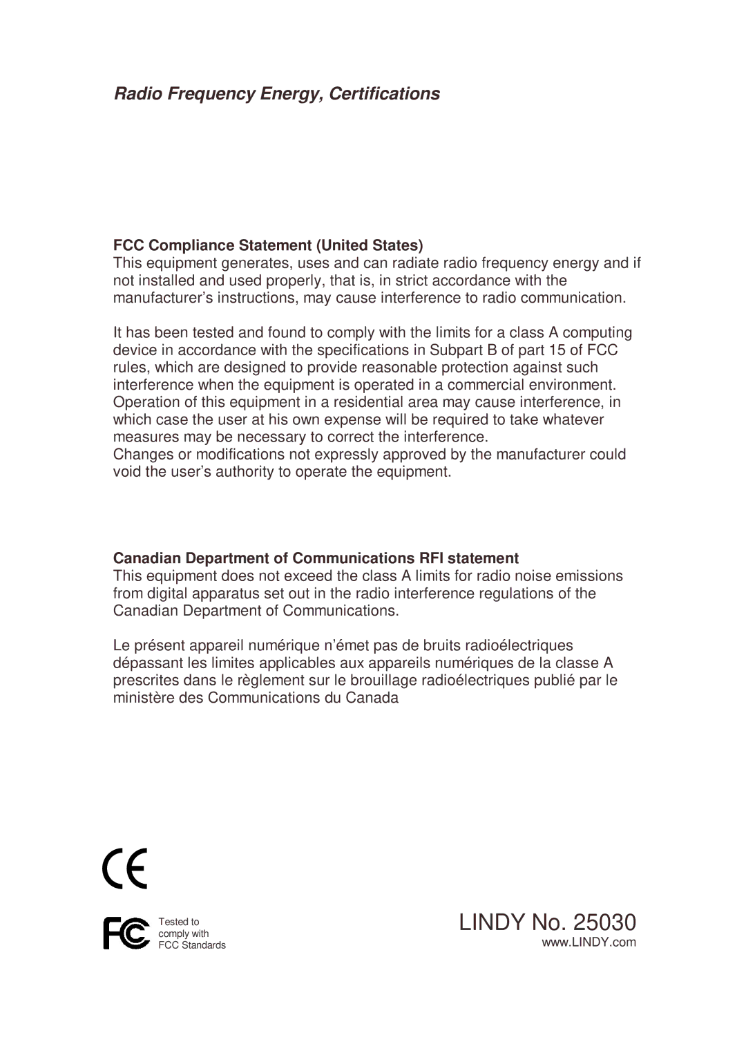 Lindy 25030 user manual FCC Compliance Statement United States, Canadian Department of Communications RFI statement 