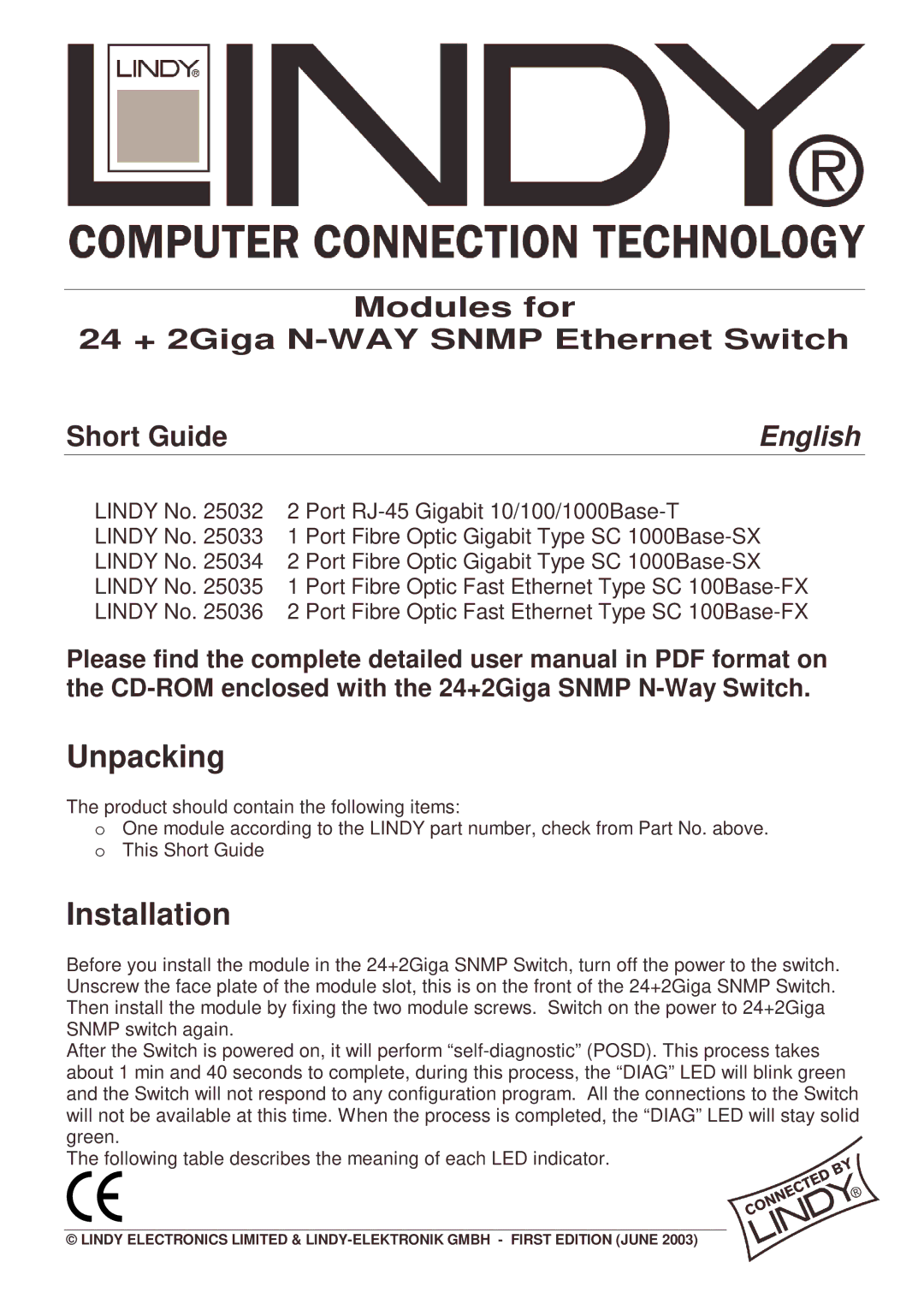 Lindy 25035, 25036, 25034 user manual Unpacking, Installation, English, Lindy No 2 Port RJ-45 Gigabit 10/100/1000Base-T 