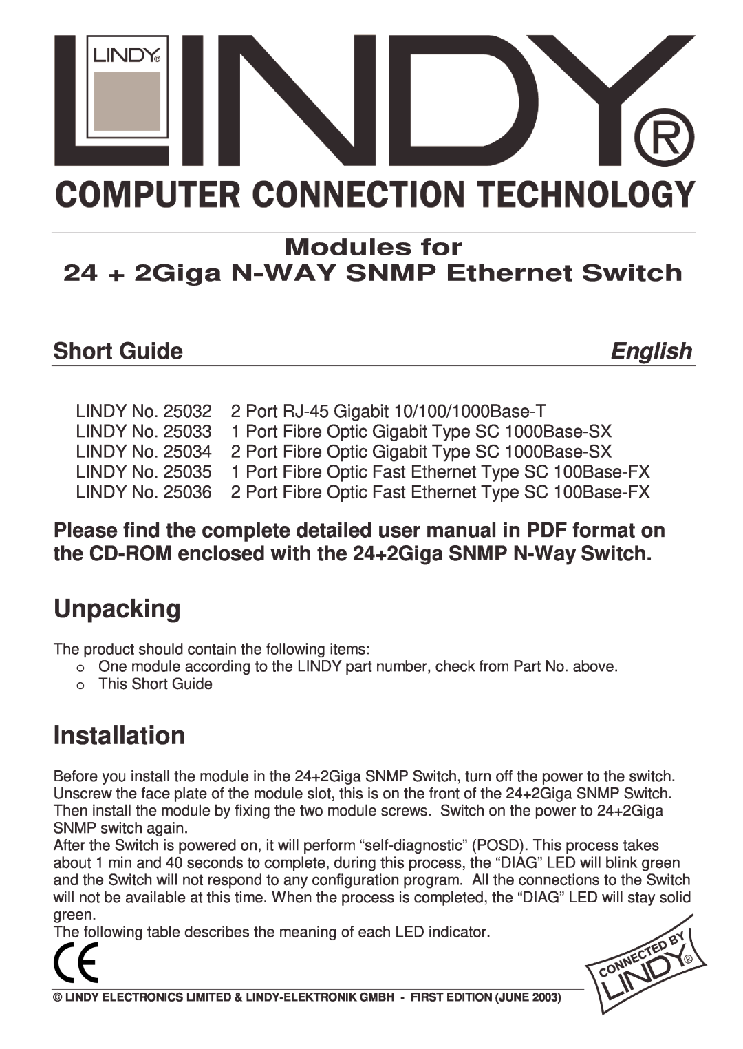 Lindy 25035 user manual Unpacking, Installation, Modules for 24 + 2Giga N-WAY SNMP Ethernet Switch, Short Guide, English 