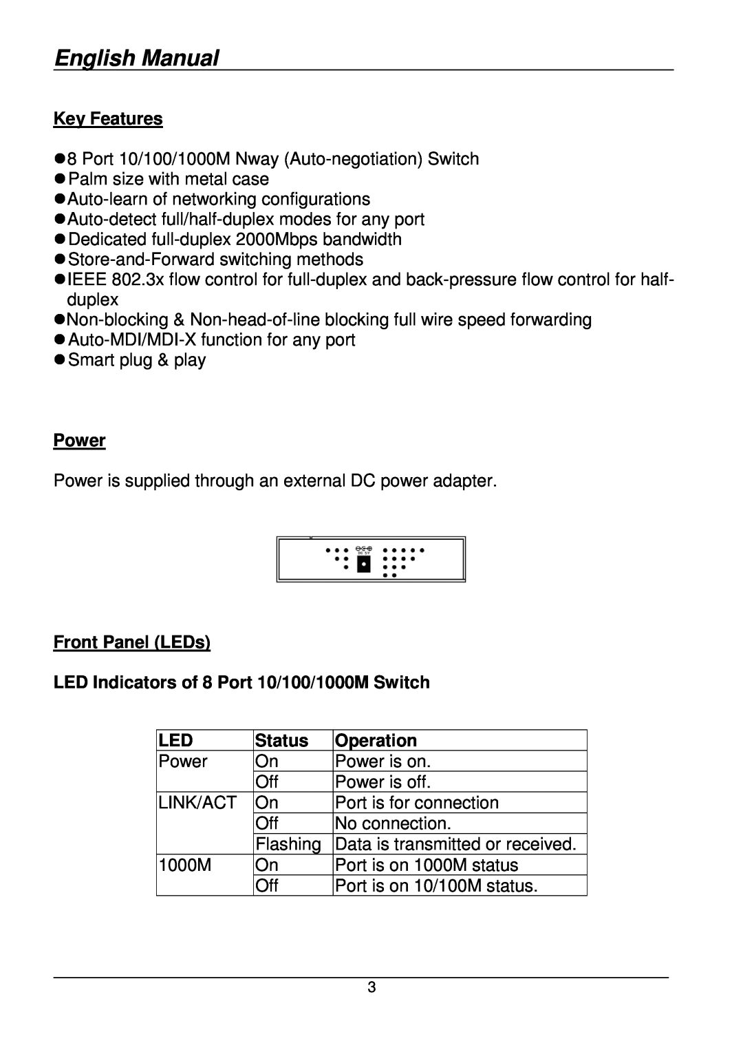 Lindy 25045 English Manual, Key Features, Power, Front Panel LEDs, LED Indicators of 8 Port 10/100/1000M Switch, Status 