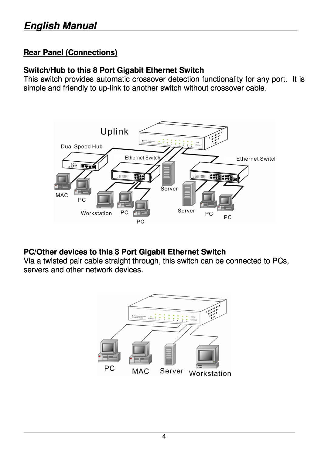 Lindy 25045 user manual English Manual, Rear Panel Connections, Switch/Hub to this 8 Port Gigabit Ethernet Switch 