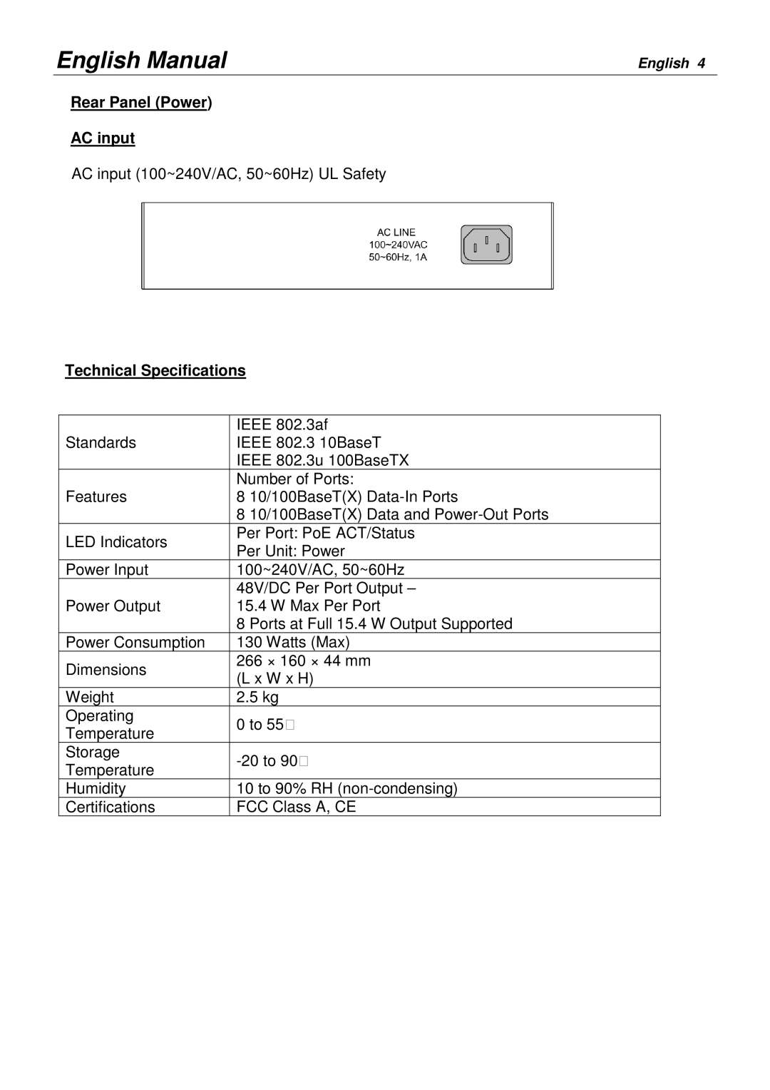 Lindy 25058 user manual Rear Panel Power AC input, Technical Specifications 