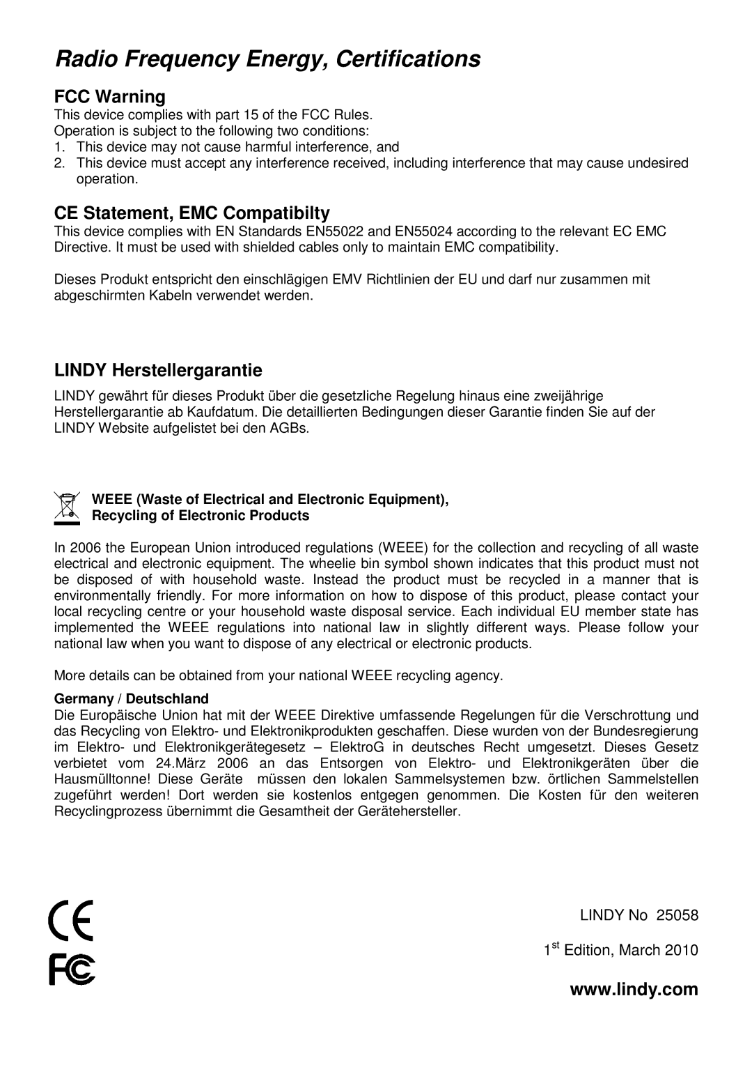 Lindy 25058 user manual Radio Frequency Energy, Certifications, FCC Warning 