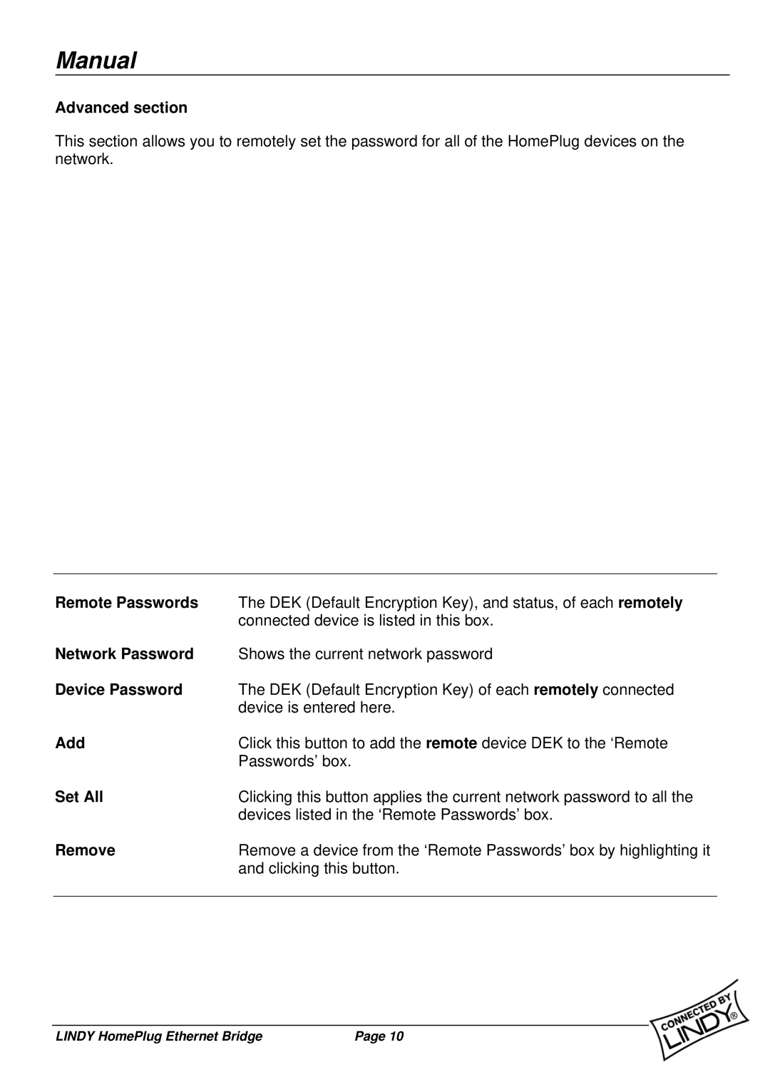 Lindy 25120 user manual Advanced section, Remote Passwords, Device Password, Add, Set All, Remove 