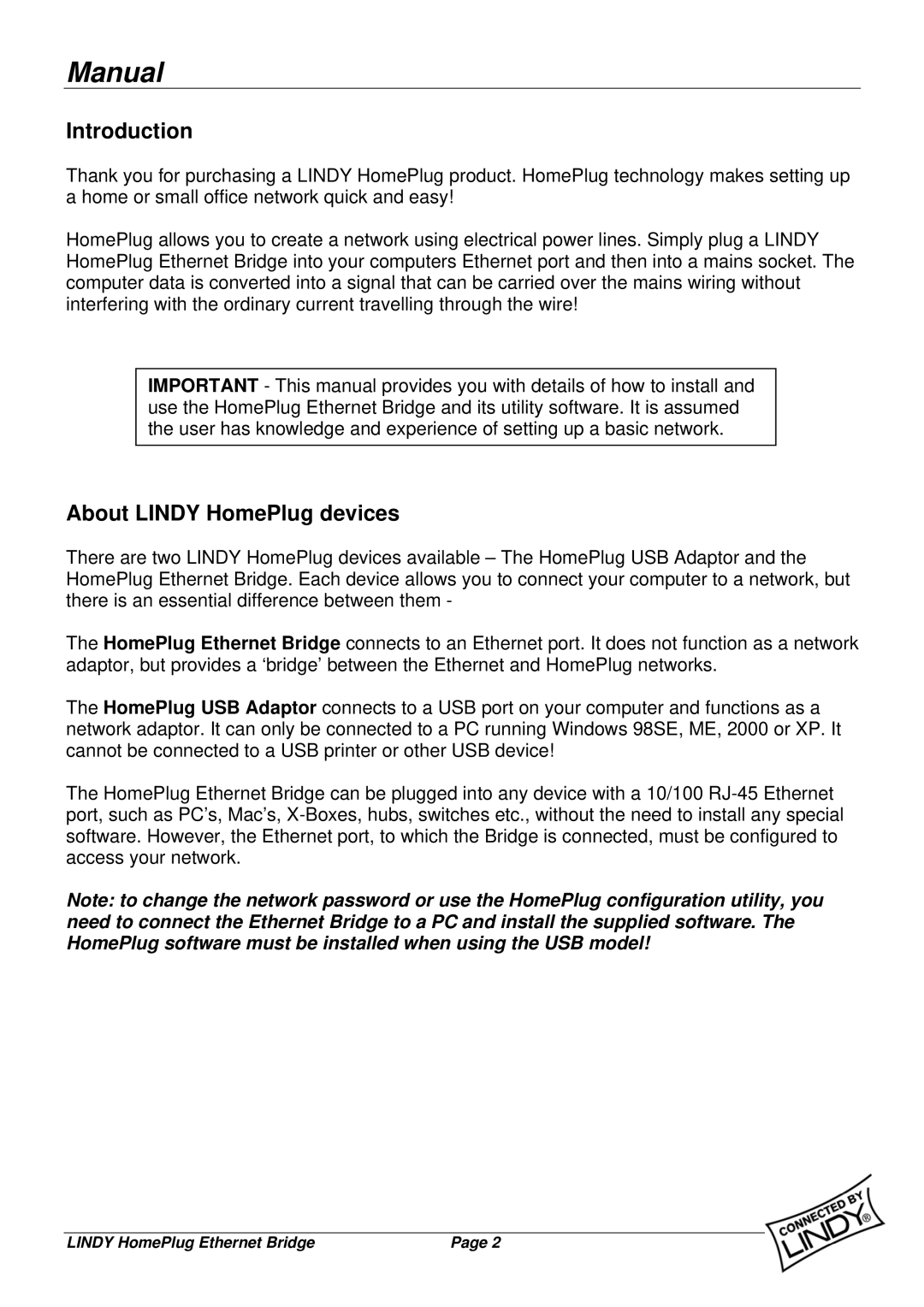 Lindy 25120 user manual Introduction, About Lindy HomePlug devices 