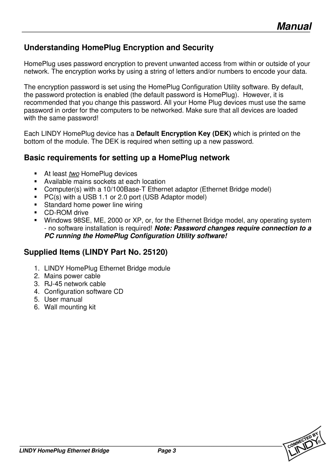 Lindy 25120 Understanding HomePlug Encryption and Security, Basic requirements for setting up a HomePlug network 