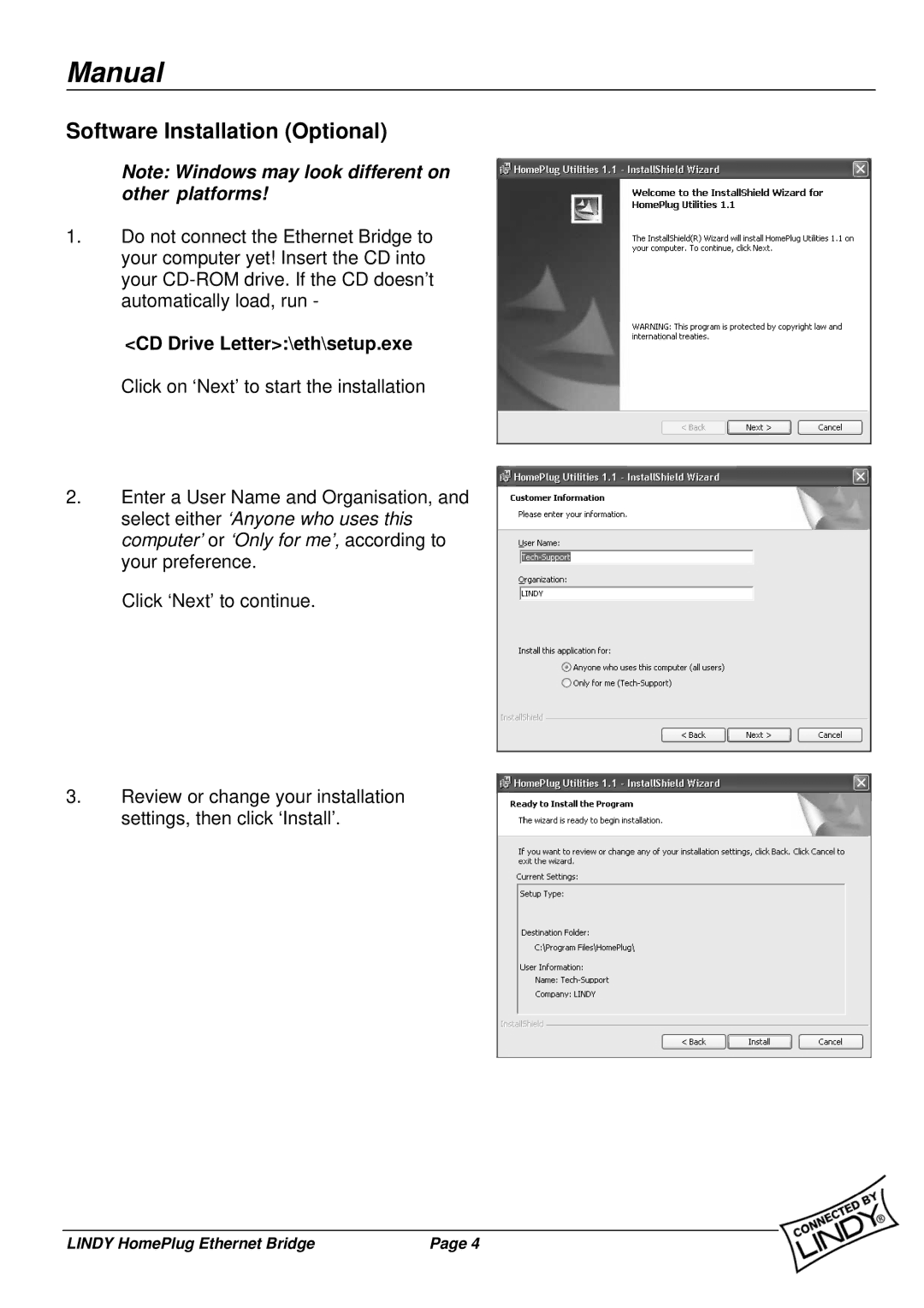 Lindy 25120 user manual Software Installation Optional, CD Drive Letter\eth\setup.exe 