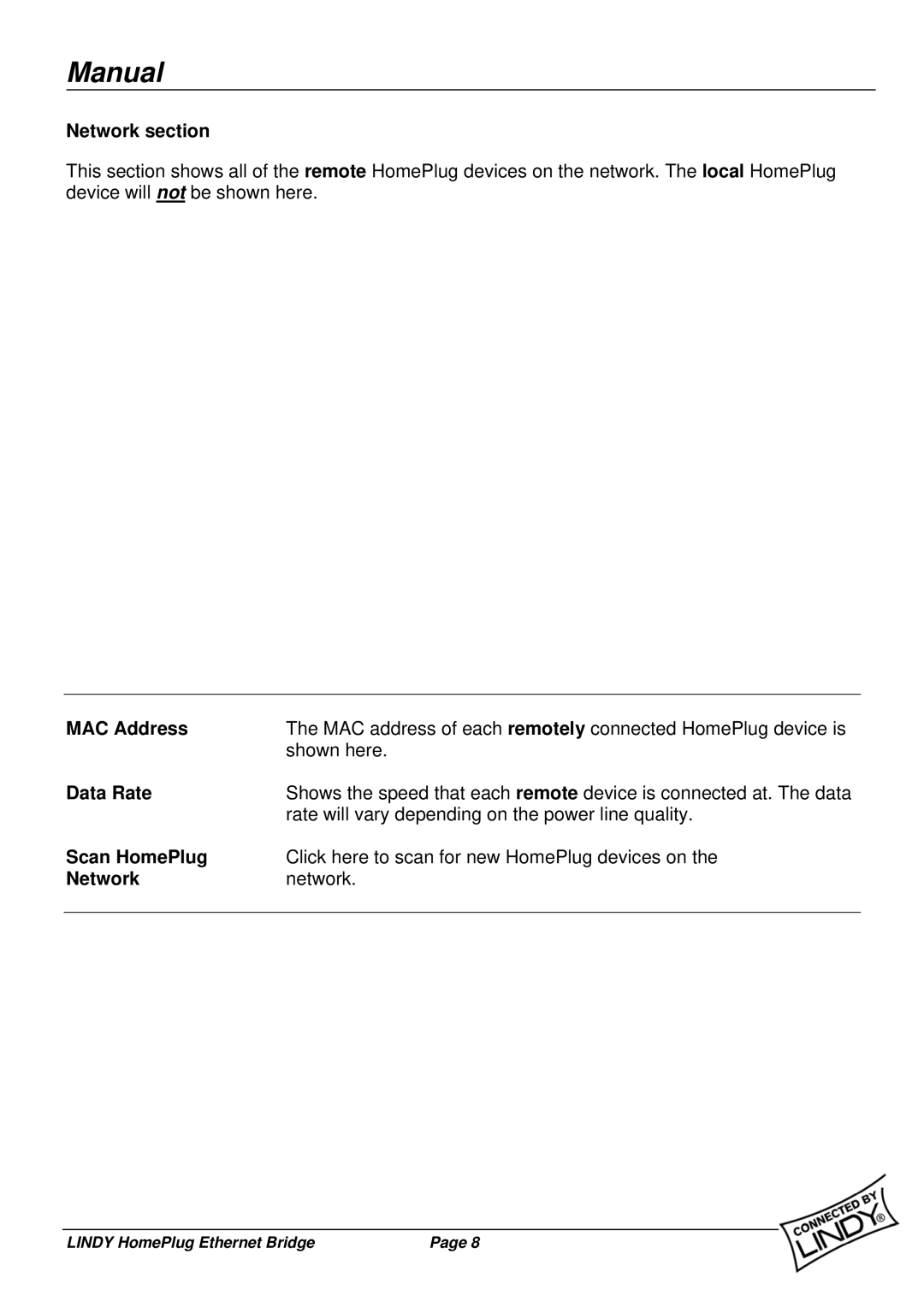 Lindy 25120 user manual Network section, MAC Address, Data Rate, Scan HomePlug 