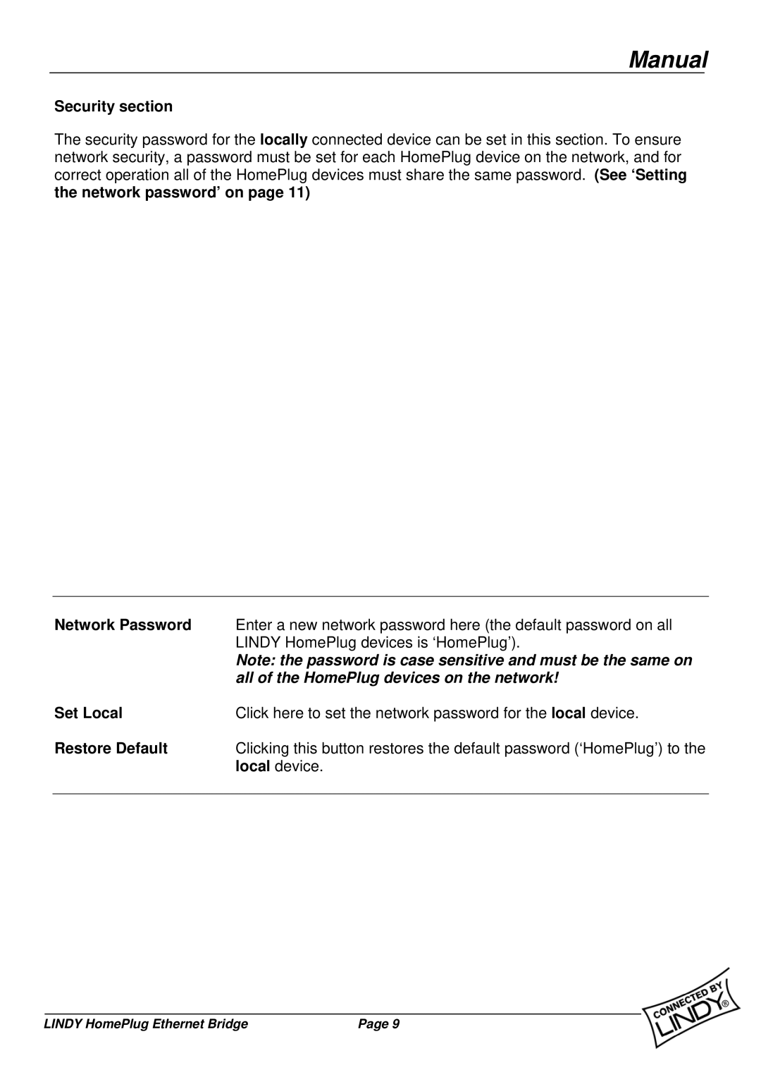 Lindy 25120 user manual Security section, All of the HomePlug devices on the network 