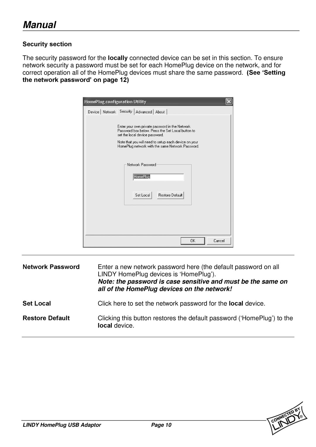 Lindy 25121 user manual Security section, All of the HomePlug devices on the network 