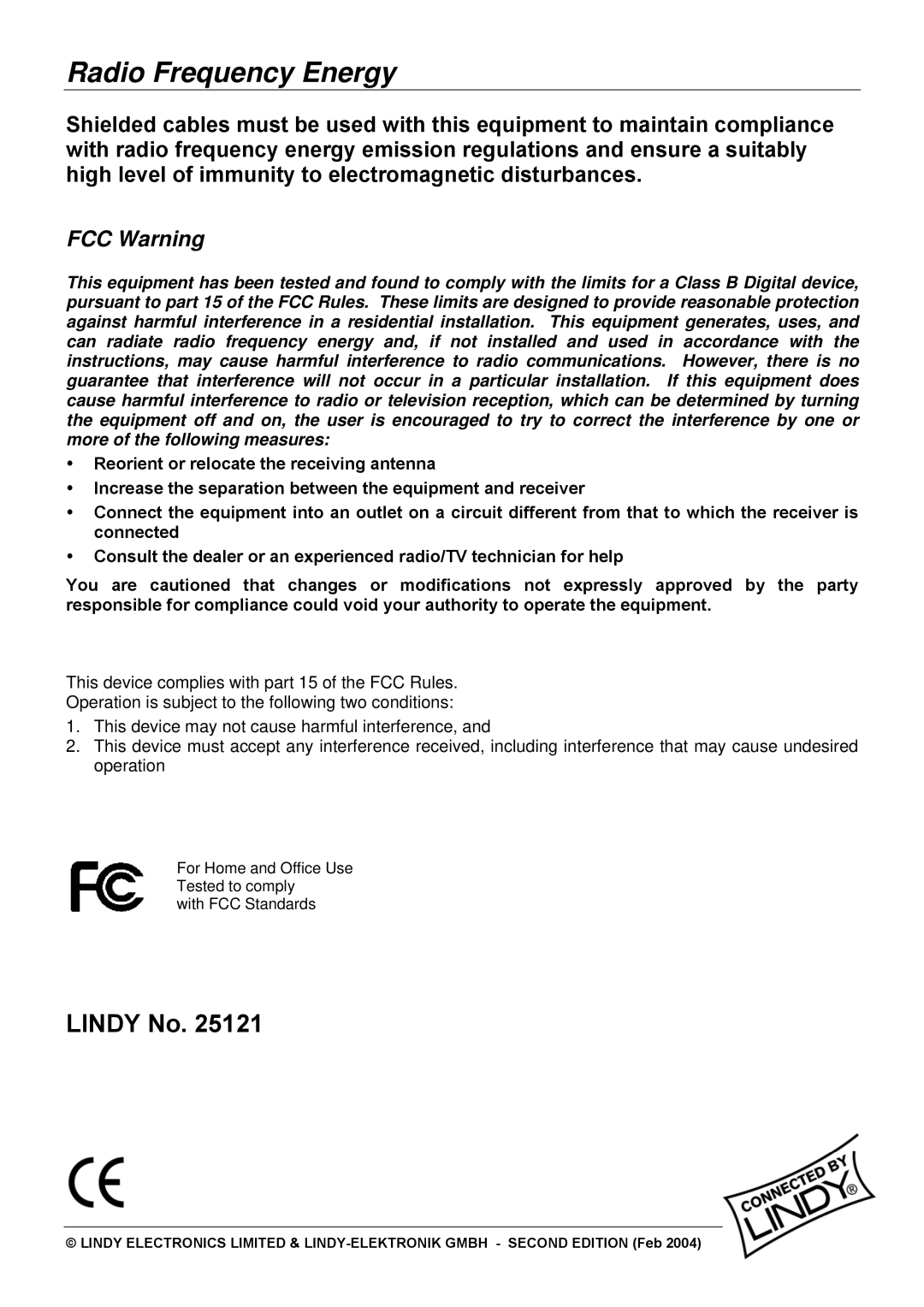 Lindy 25121 user manual Radio Frequency Energy 