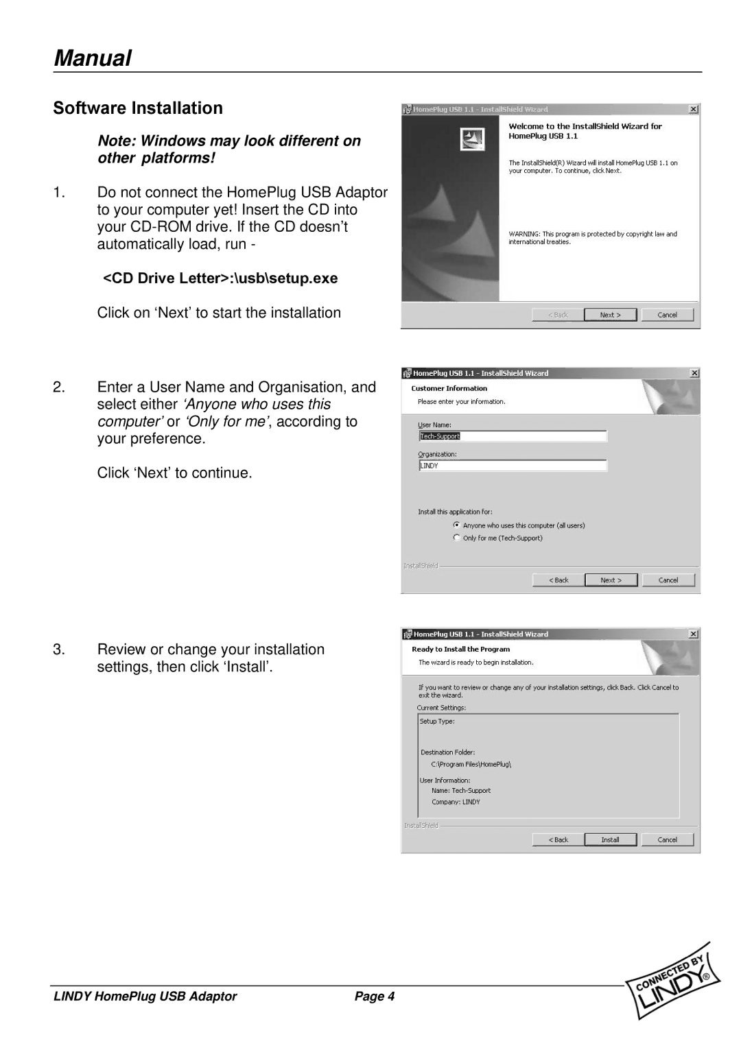 Lindy 25121 user manual Software Installation, CD Drive Letter\usb\setup.exe 