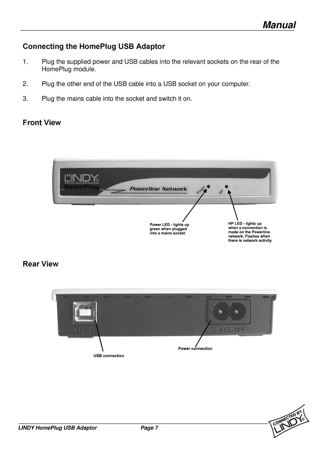 Lindy 25121 user manual Connecting the HomePlug USB Adaptor, Front View Rear View 