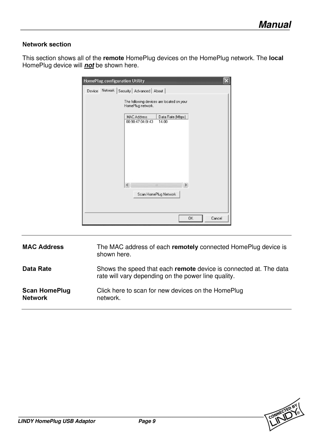 Lindy 25121 user manual Network section, MAC Address, Data Rate, Scan HomePlug 