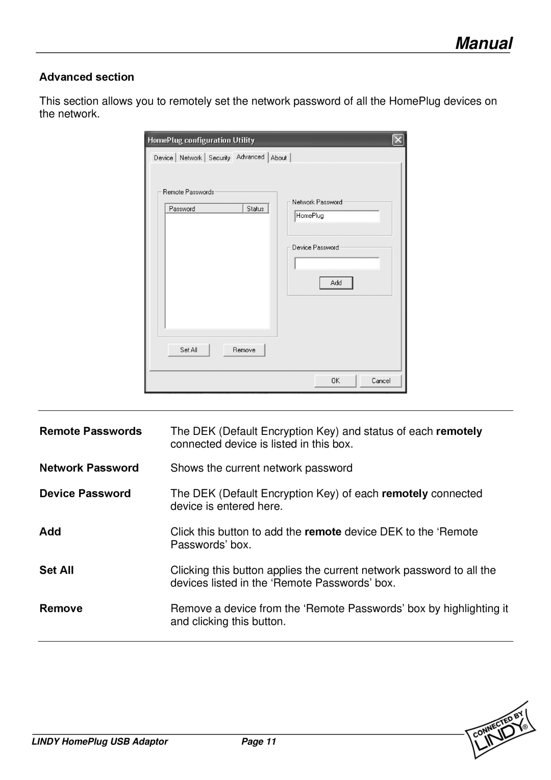 Lindy 25121 user manual Advanced section, Remote Passwords, Device Password, Add, Set All, Remove 