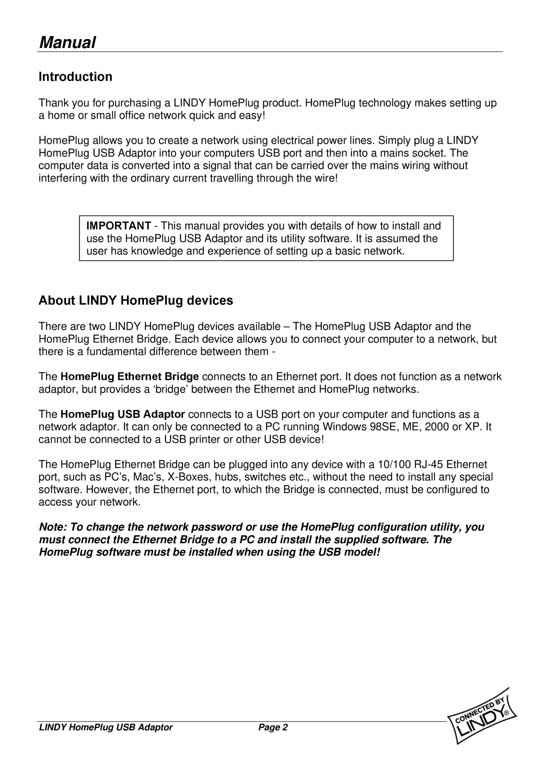 Lindy 25121 user manual Introduction, About Lindy HomePlug devices 