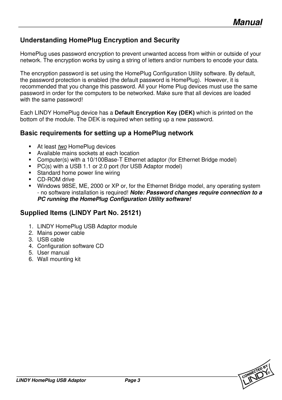 Lindy 25121 Understanding HomePlug Encryption and Security, Basic requirements for setting up a HomePlug network 