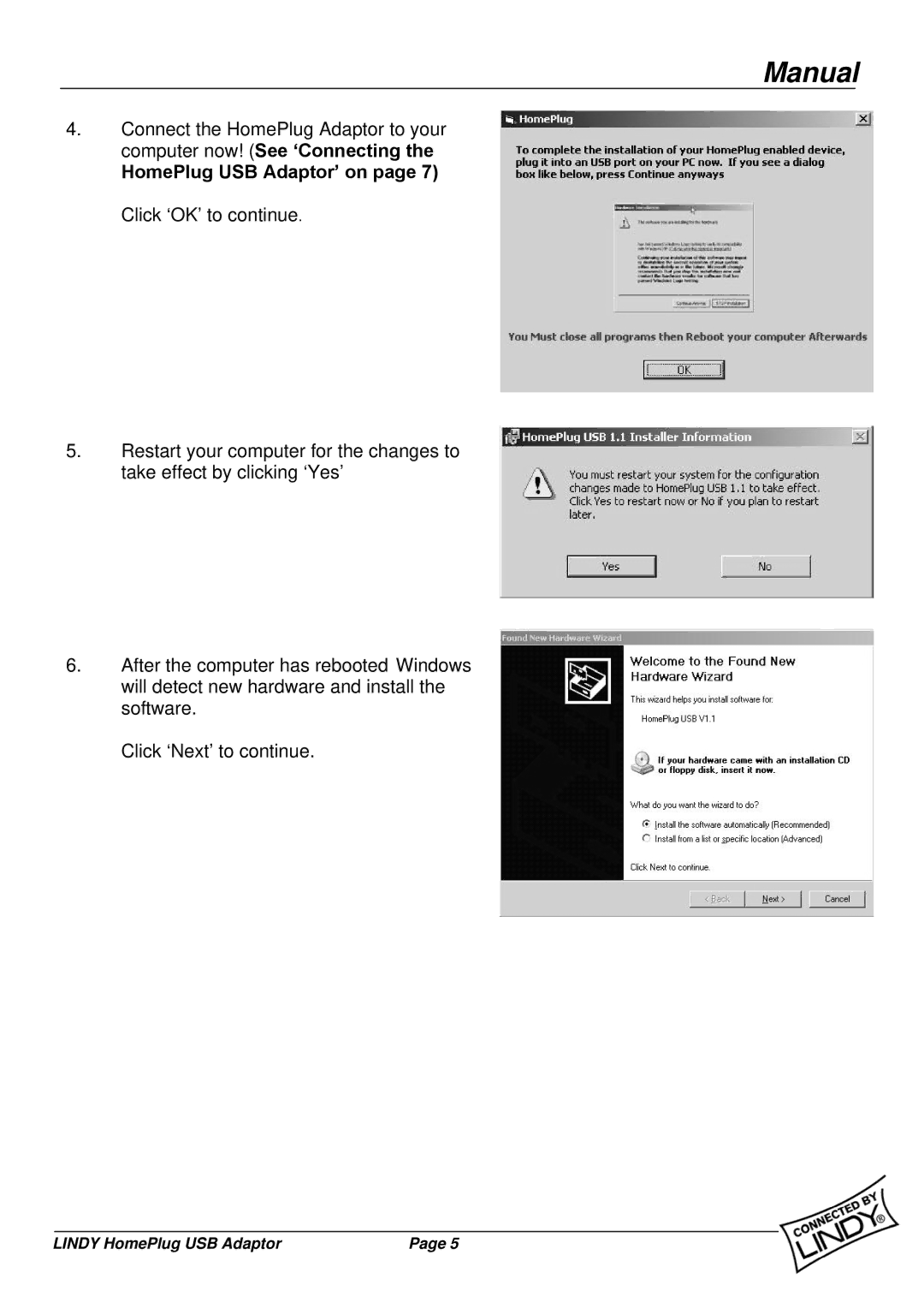 Lindy 25121 user manual HomePlug USB Adaptor’ on page 7 Click ‘OK’ to continue 