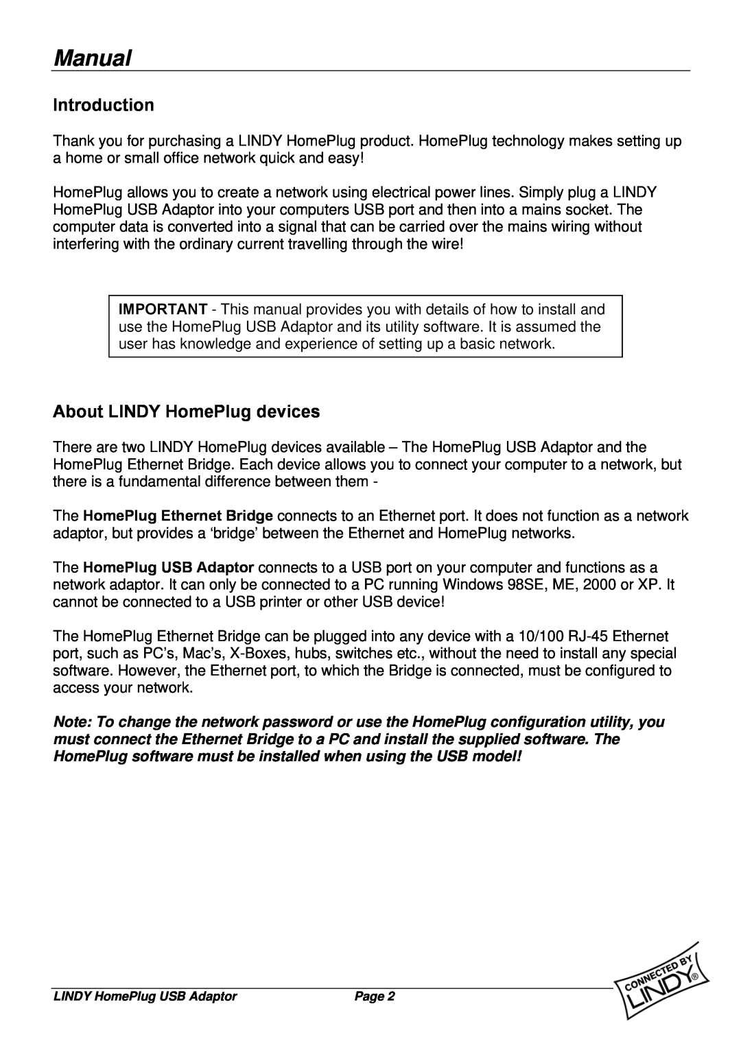 Lindy 25121 user manual Manual, Introduction, About LINDY HomePlug devices 