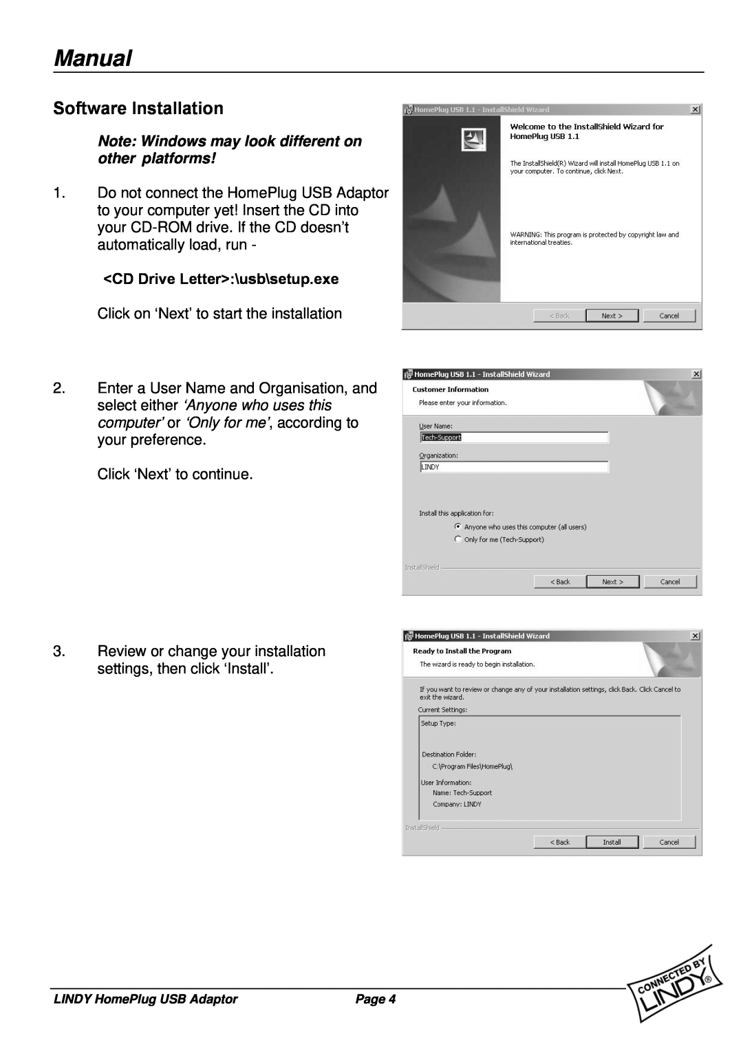 Lindy 25121 user manual Software Installation, Note Windows may look different on other platforms, Manual 