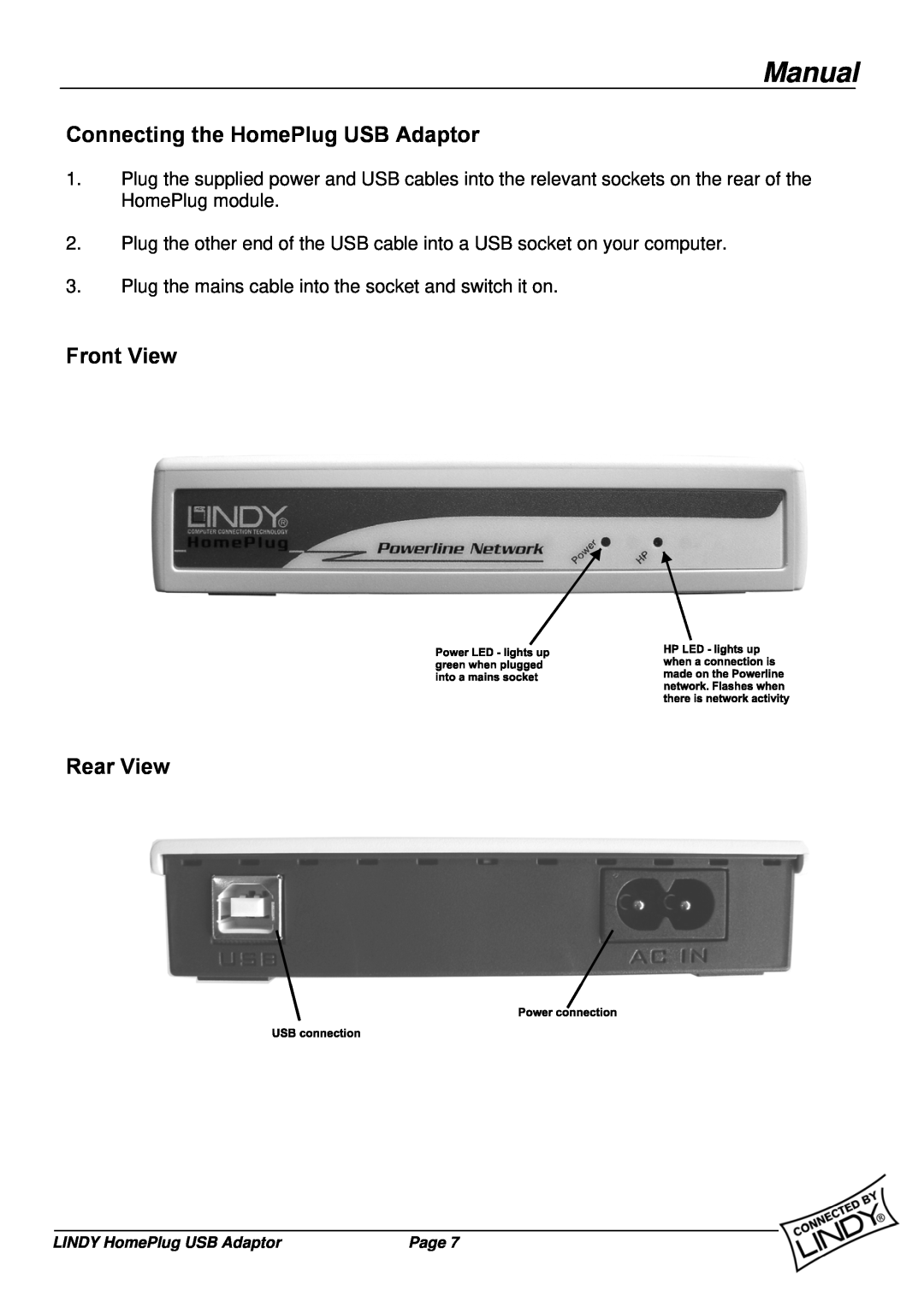 Lindy 25121 user manual Connecting the HomePlug USB Adaptor, Front View Rear View, Manual 