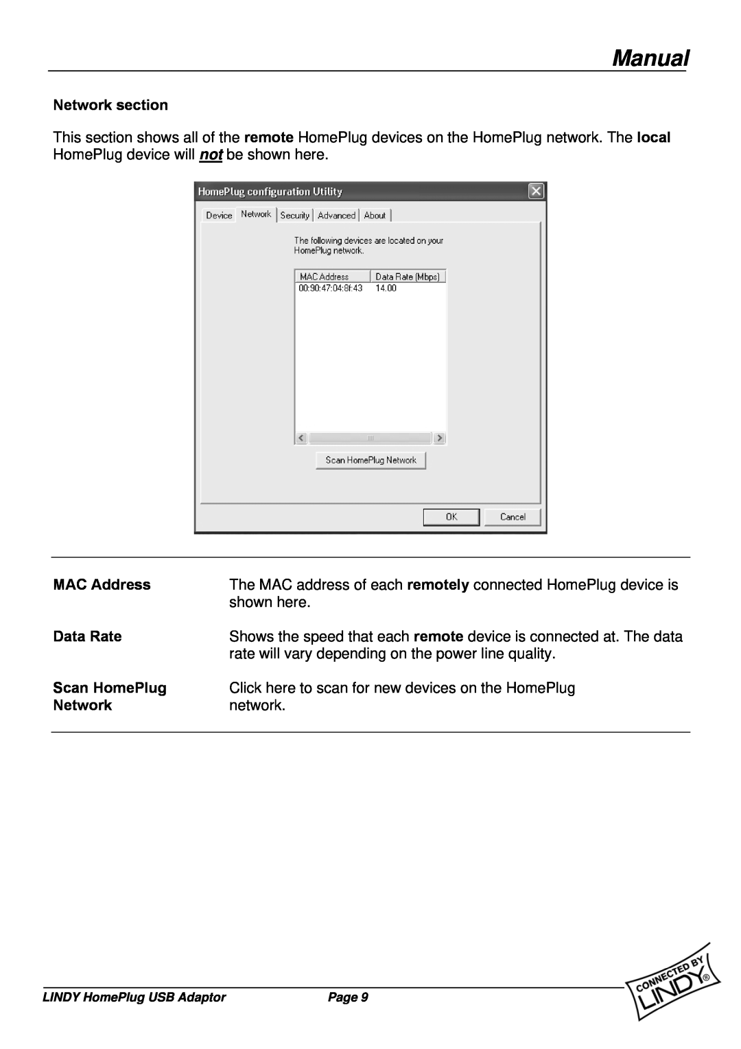 Lindy 25121 user manual Manual, Network section, MAC Address, Data Rate, Scan HomePlug 