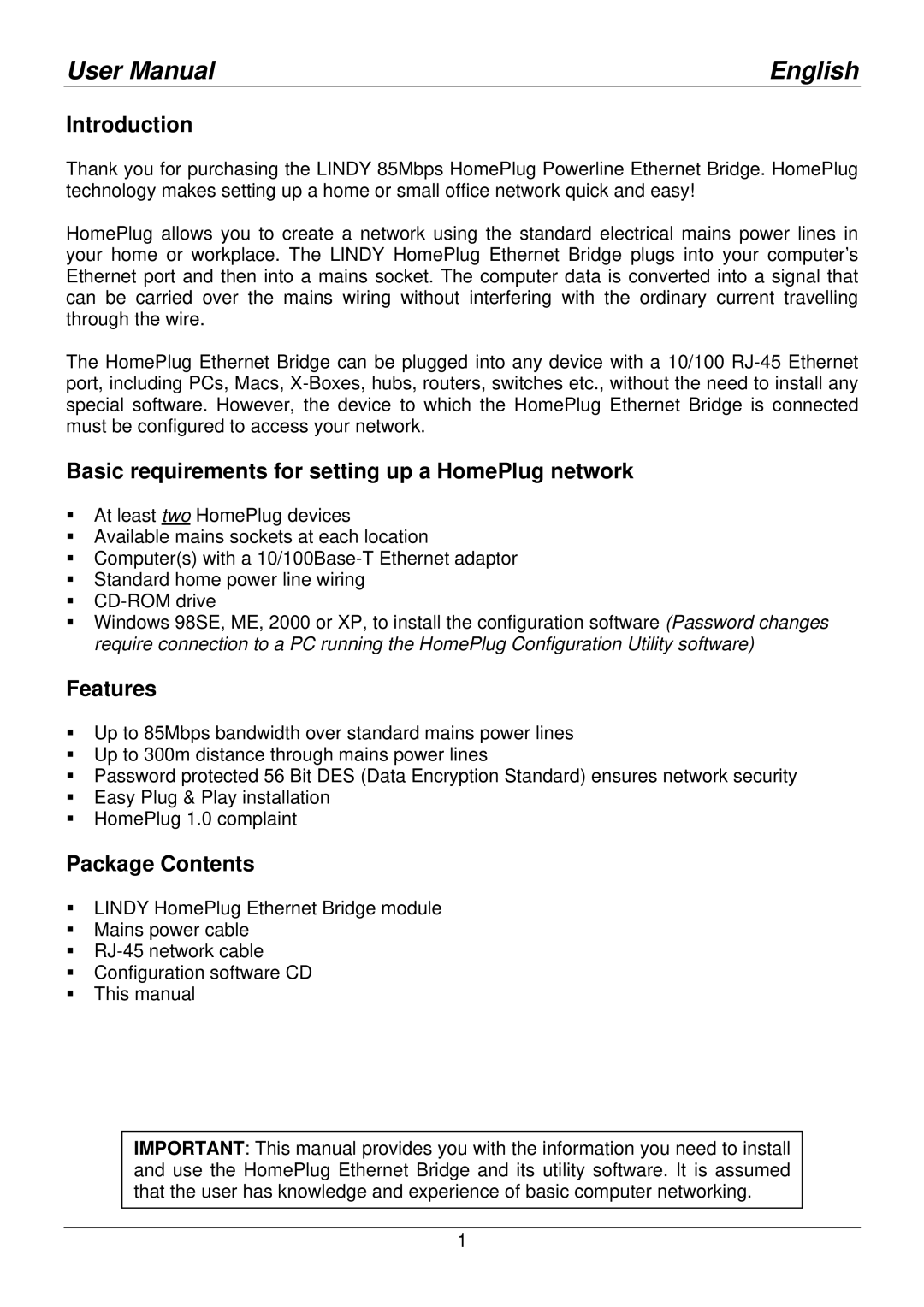 Lindy 25130 user manual Introduction, Basic requirements for setting up a HomePlug network, Features, Package Contents 