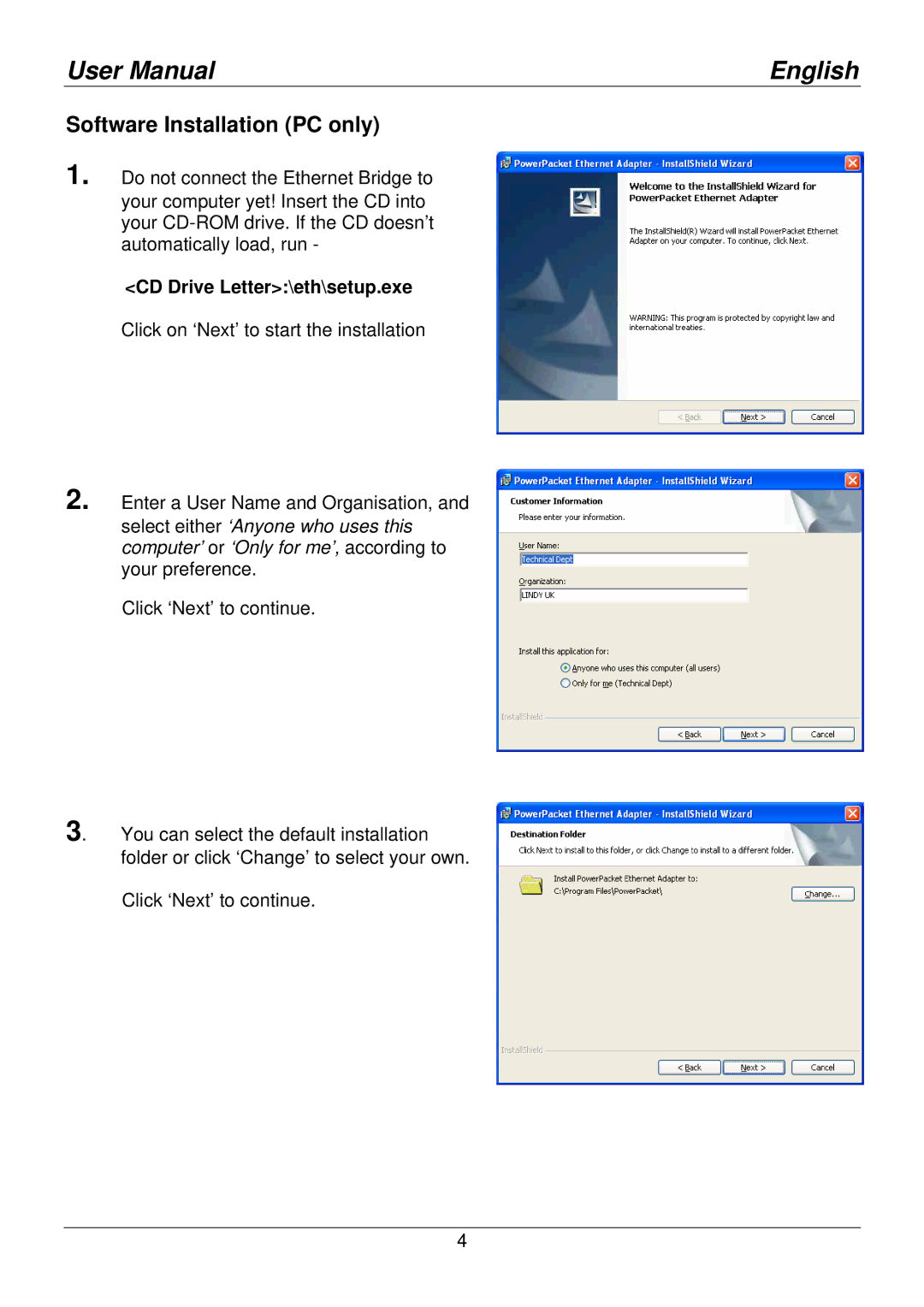 Lindy 25130 user manual Software Installation PC only, CD Drive Letter\eth\setup.exe 