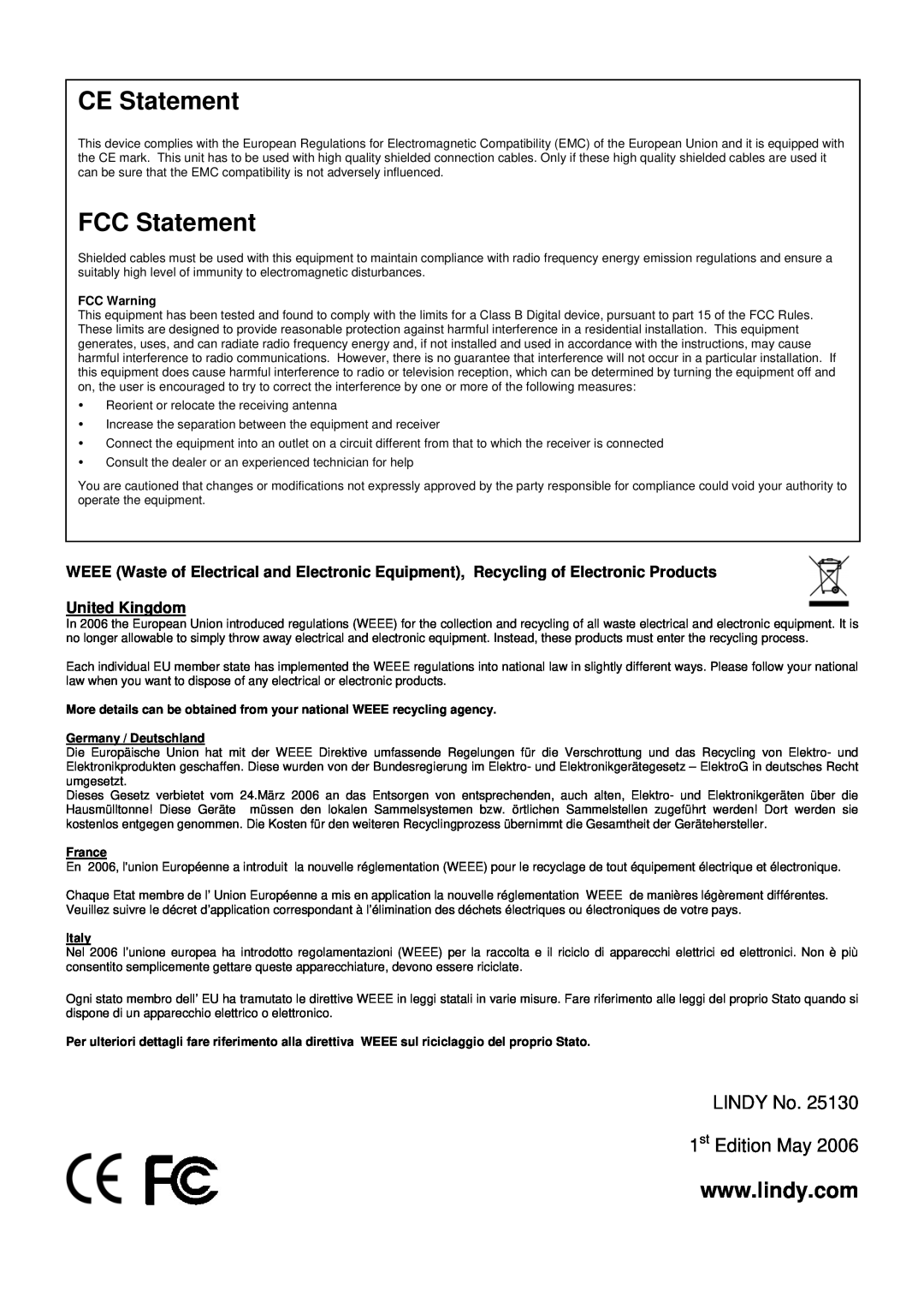 Lindy 25130 user manual CE Statement, FCC Statement, FCC Warning, Germany / Deutschland, France, Italy 