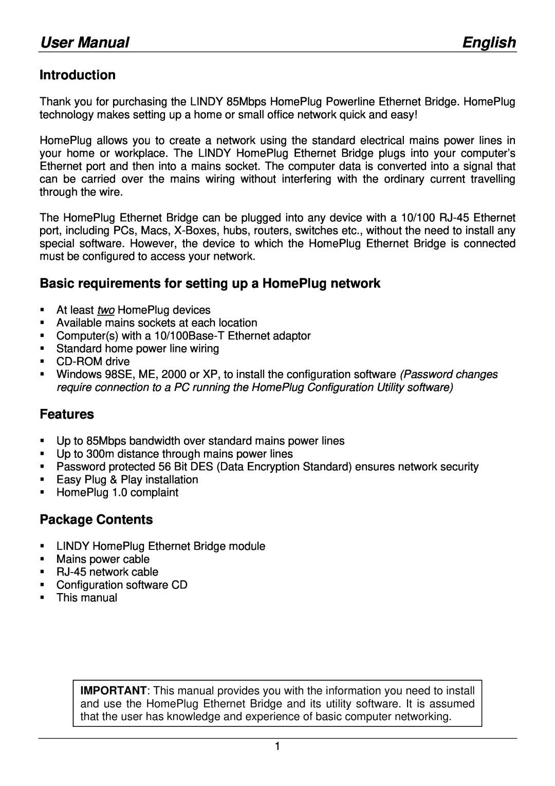 Lindy 25130 user manual User Manual, English, Introduction, Basic requirements for setting up a HomePlug network, Features 