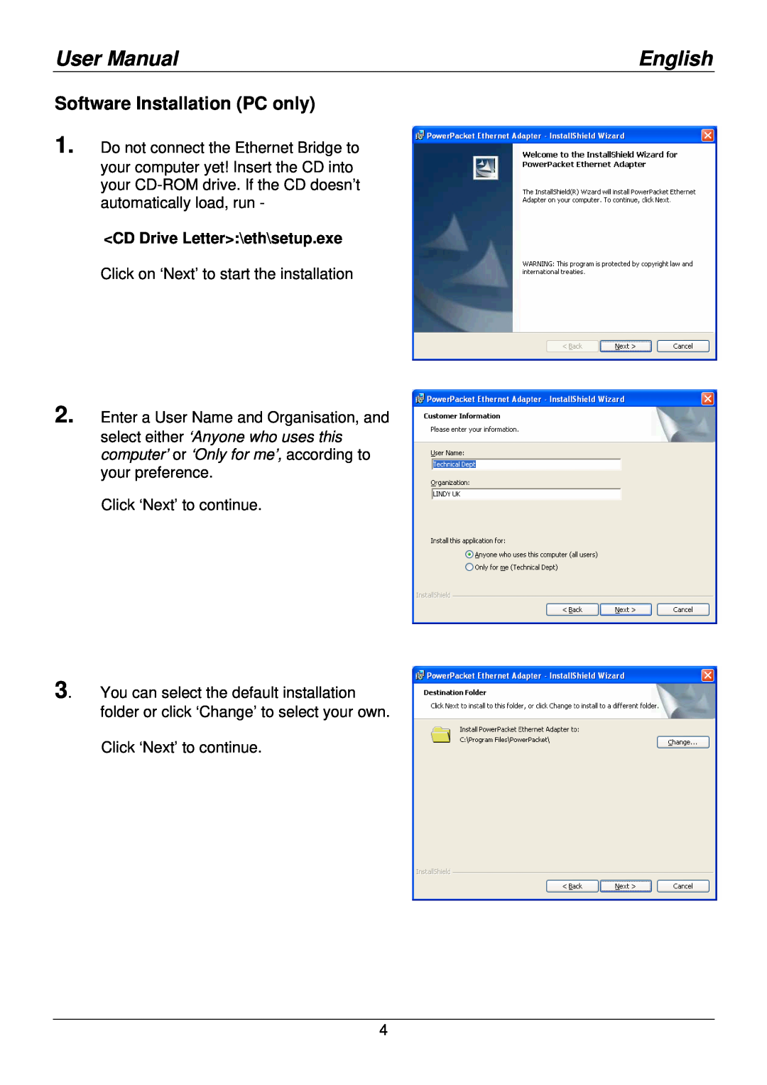 Lindy 25130 user manual Software Installation PC only, CD Drive Letter\eth\setup.exe, User Manual, English 