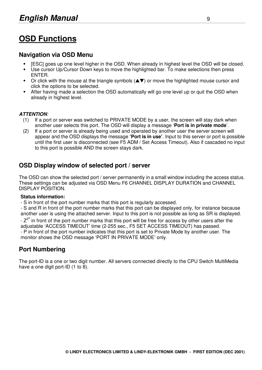 Lindy 2X8 manual OSD Functions, Navigation via OSD Menu, OSD Display window of selected port / server, Port Numbering 