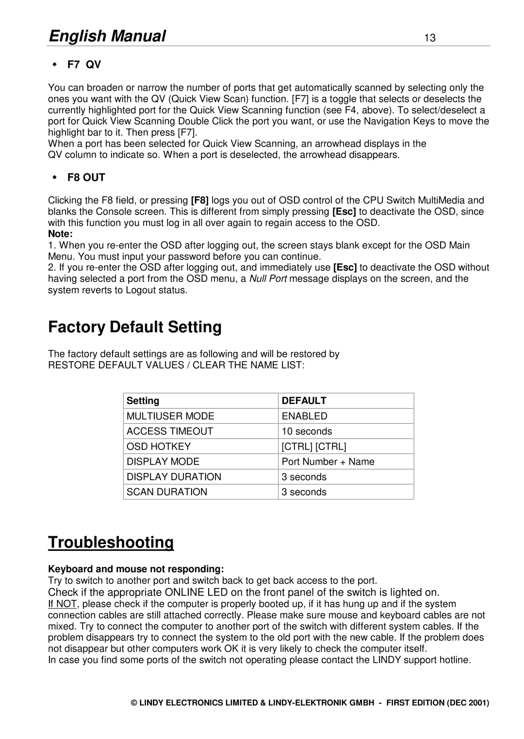 Lindy 2X8 manual Factory Default Setting, Troubleshooting, Keyboard and mouse not responding 