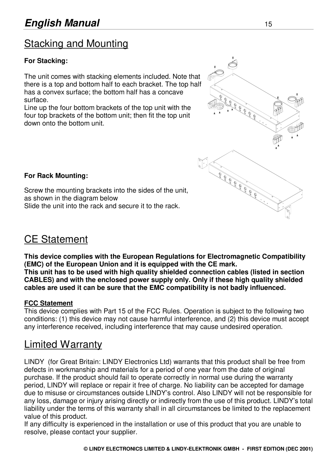 Lindy 2X8 manual For Stacking, For Rack Mounting 