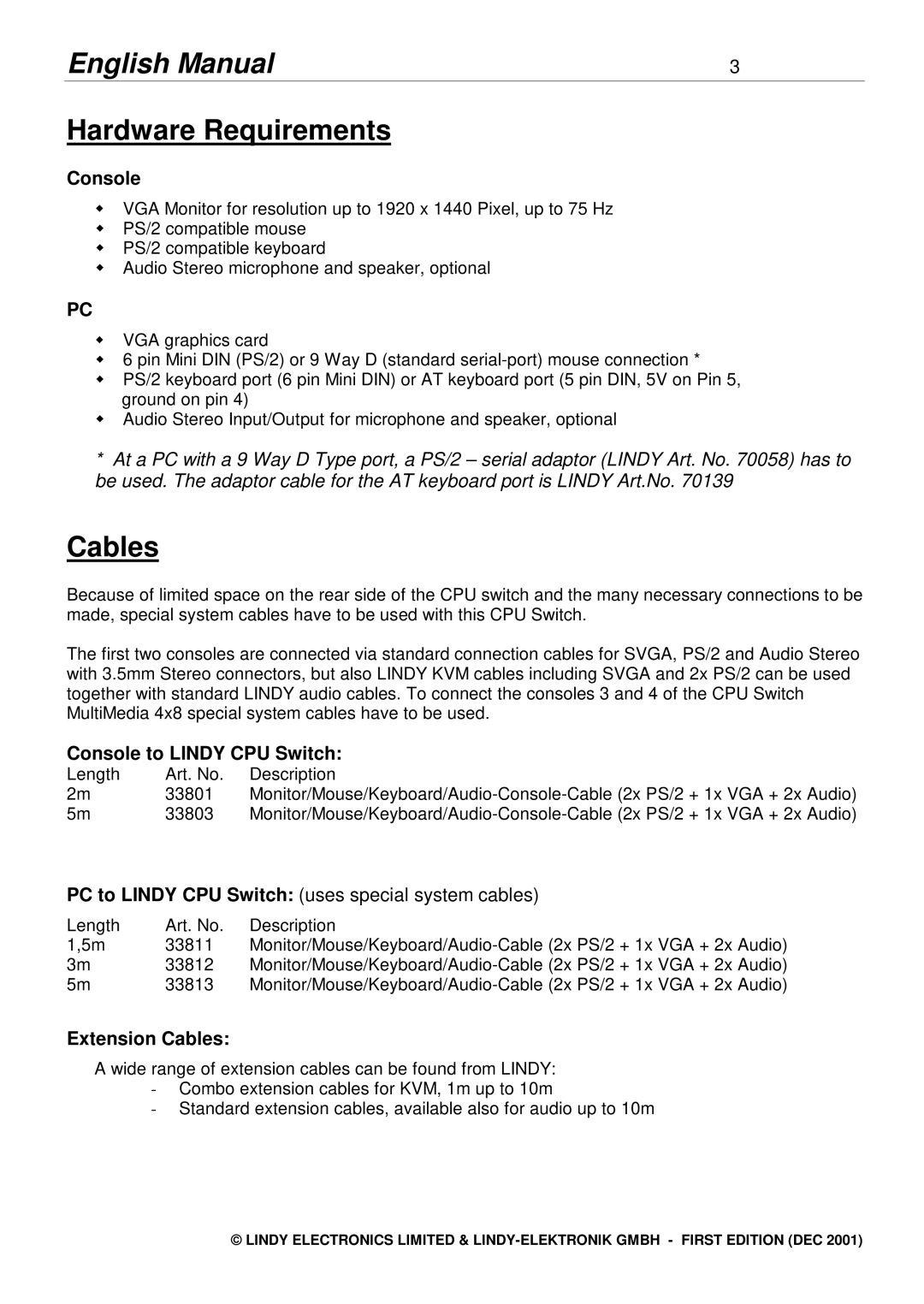 Lindy 2X8 manual Hardware Requirements, Console to Lindy CPU Switch, Extension Cables 