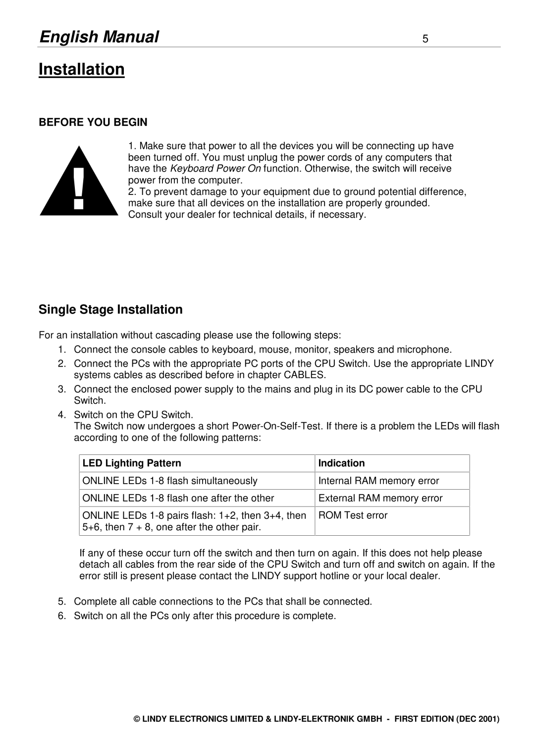 Lindy 2X8 manual Single Stage Installation, LED Lighting Pattern, Indication 