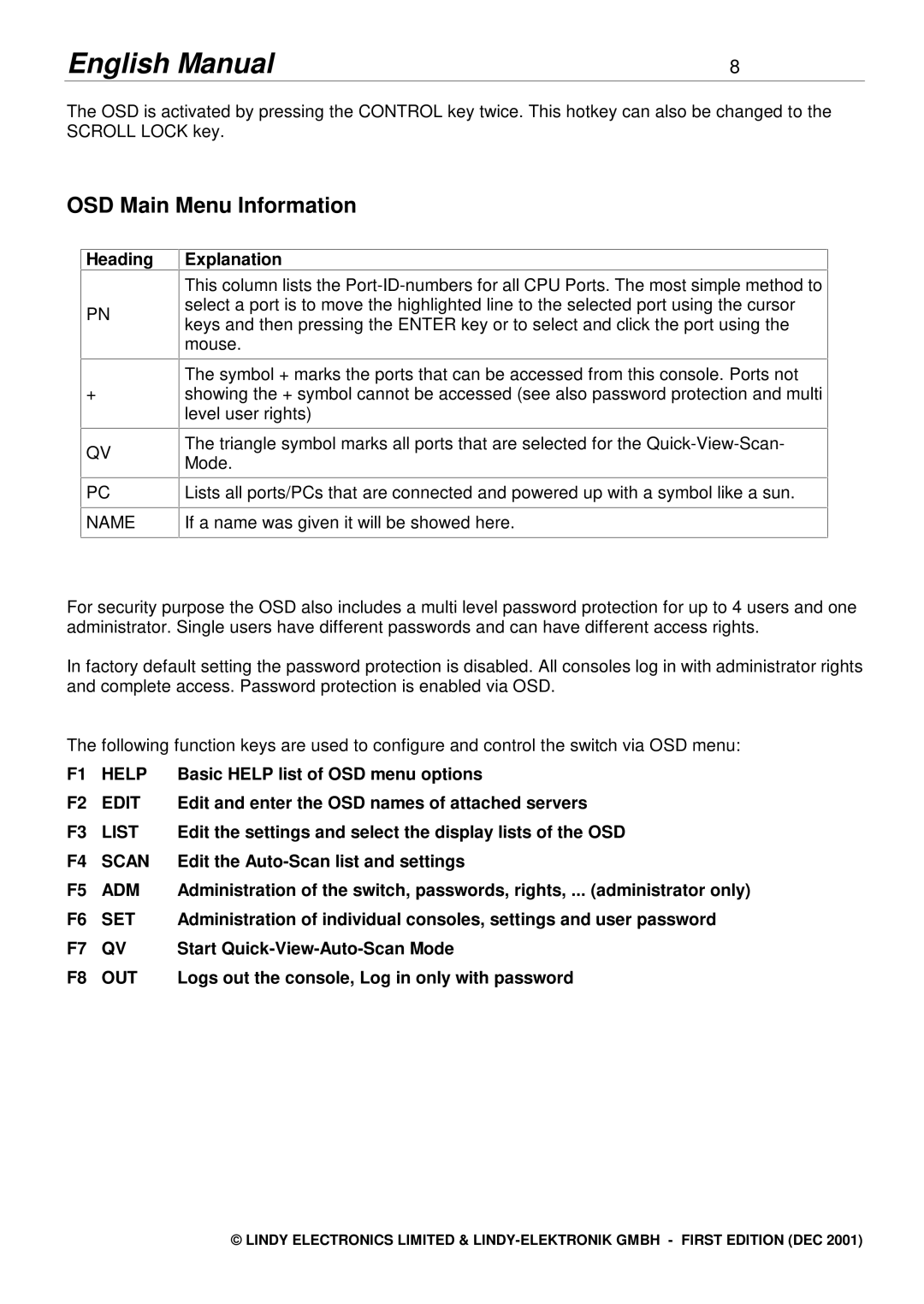 Lindy 2X8 manual OSD Main Menu Information 