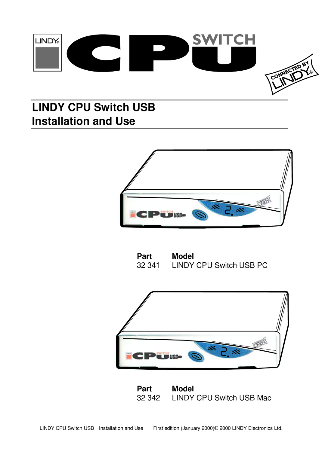 Lindy 32 341, 32 342 manual Lindy CPU Switch USB Installation and Use, Part Model 