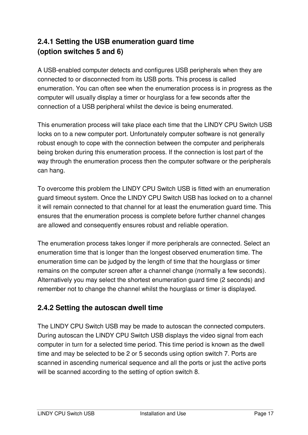 Lindy 32 341, 32 342 manual Setting the USB enumeration guard time option switches 5, Setting the autoscan dwell time 