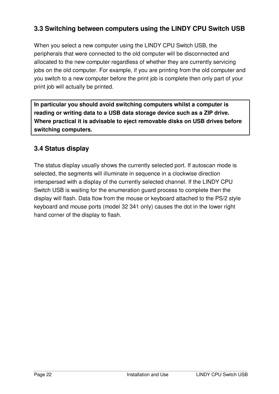 Lindy 32 342, 32 341 manual Switching between computers using the Lindy CPU Switch USB, Status display 